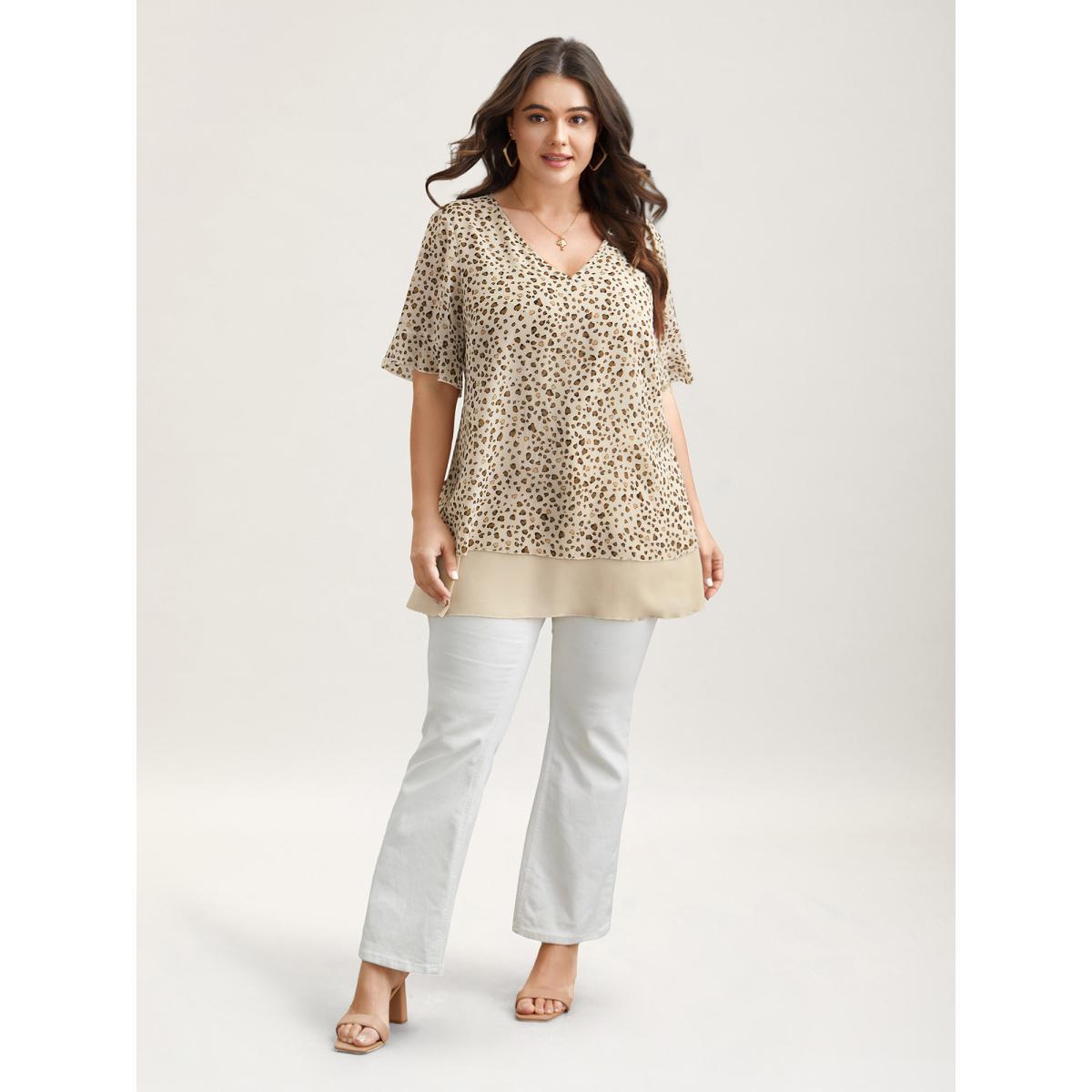 Plus Size LightBrown Polka Dot Print Ruffled V-Neck Layered Shirt Women Casual Half Sleeve V-neck Everyday Blouses BloomChic 18-20/2X Product Image