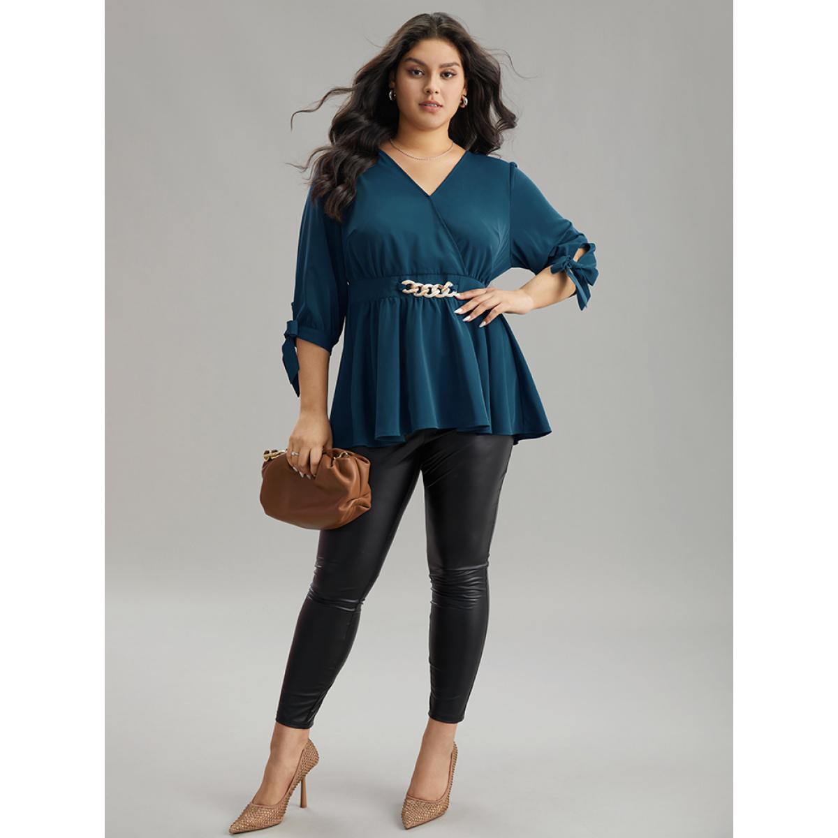Plus Size Cyan Plain Bowknot Ties Buckle Detail Wrap Blouse Women Office Elbow-length sleeve V-neck Work Blouses BloomChic 22-24/3X Product Image