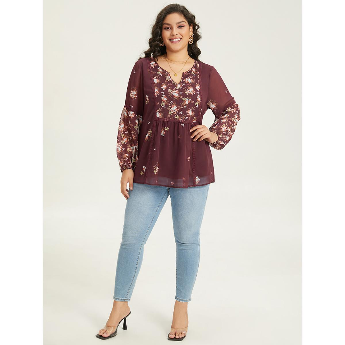 Plus Size Scarlet Floral Print Mesh Lace Patchwork Lantern Sleeve Blouse Women Elegant Long Sleeve V-neck Dailywear Blouses BloomChic 30/6X Product Image
