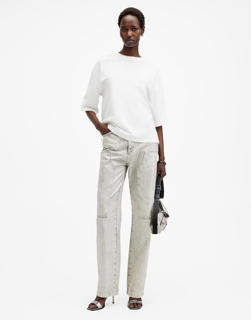 AllSaints Amelie Underground relaxed T-shirt with sequin back logo in white Product Image