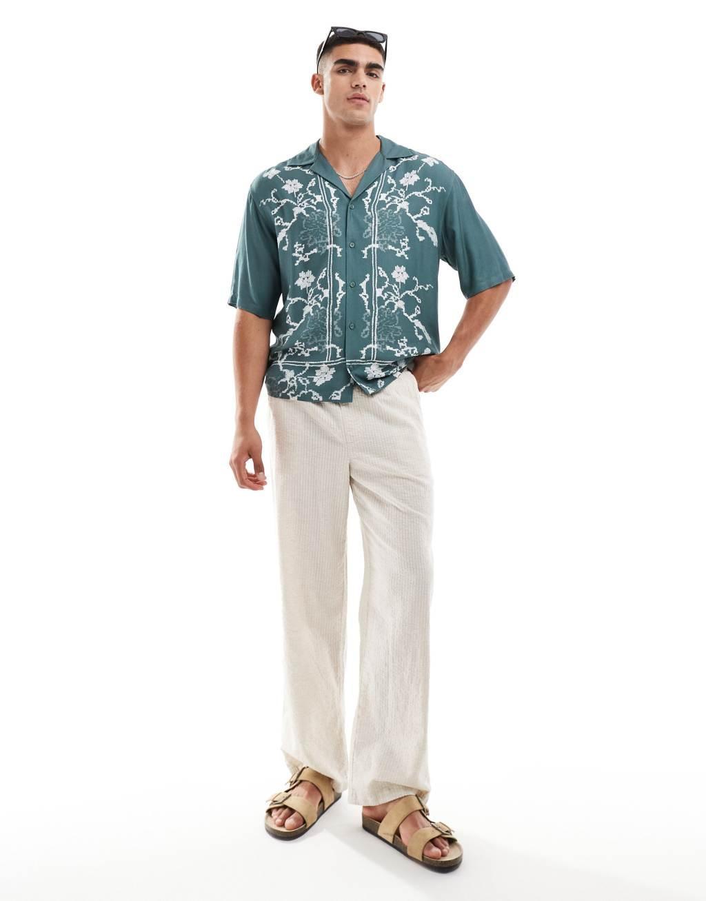 ONLY & SONS revere collar shirt with floral border print in teal Product Image