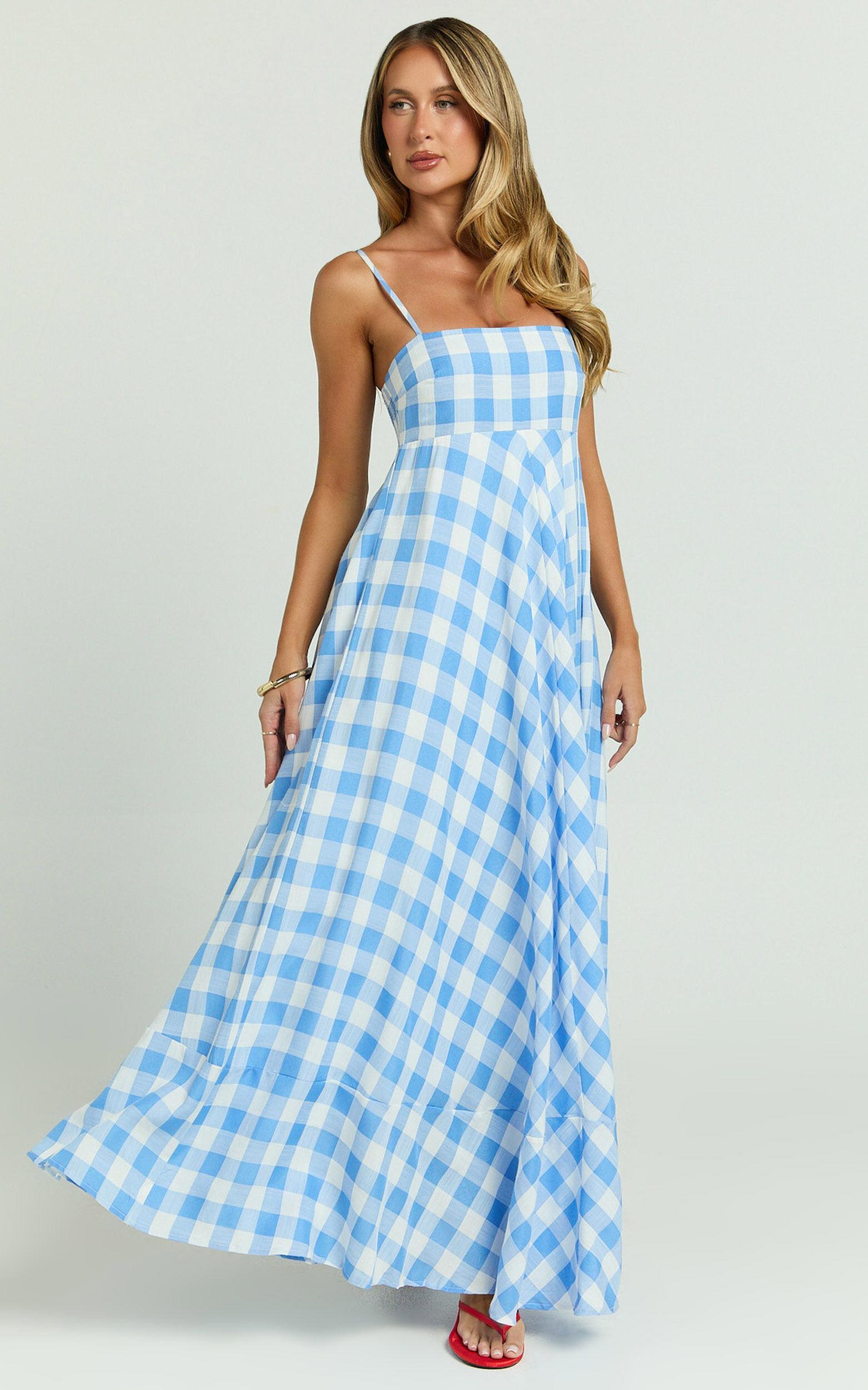 Katrien Maxi Dress - Strappy Empire Waist Flare Dress in Blue Check Product Image