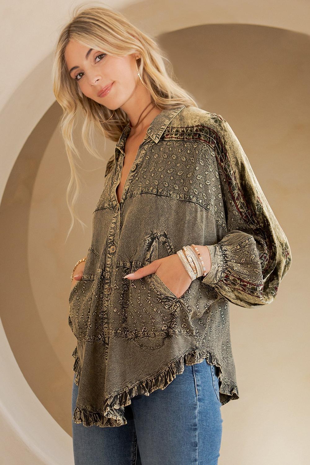 Stonewashed Rayon Bat Sleeves Top Product Image