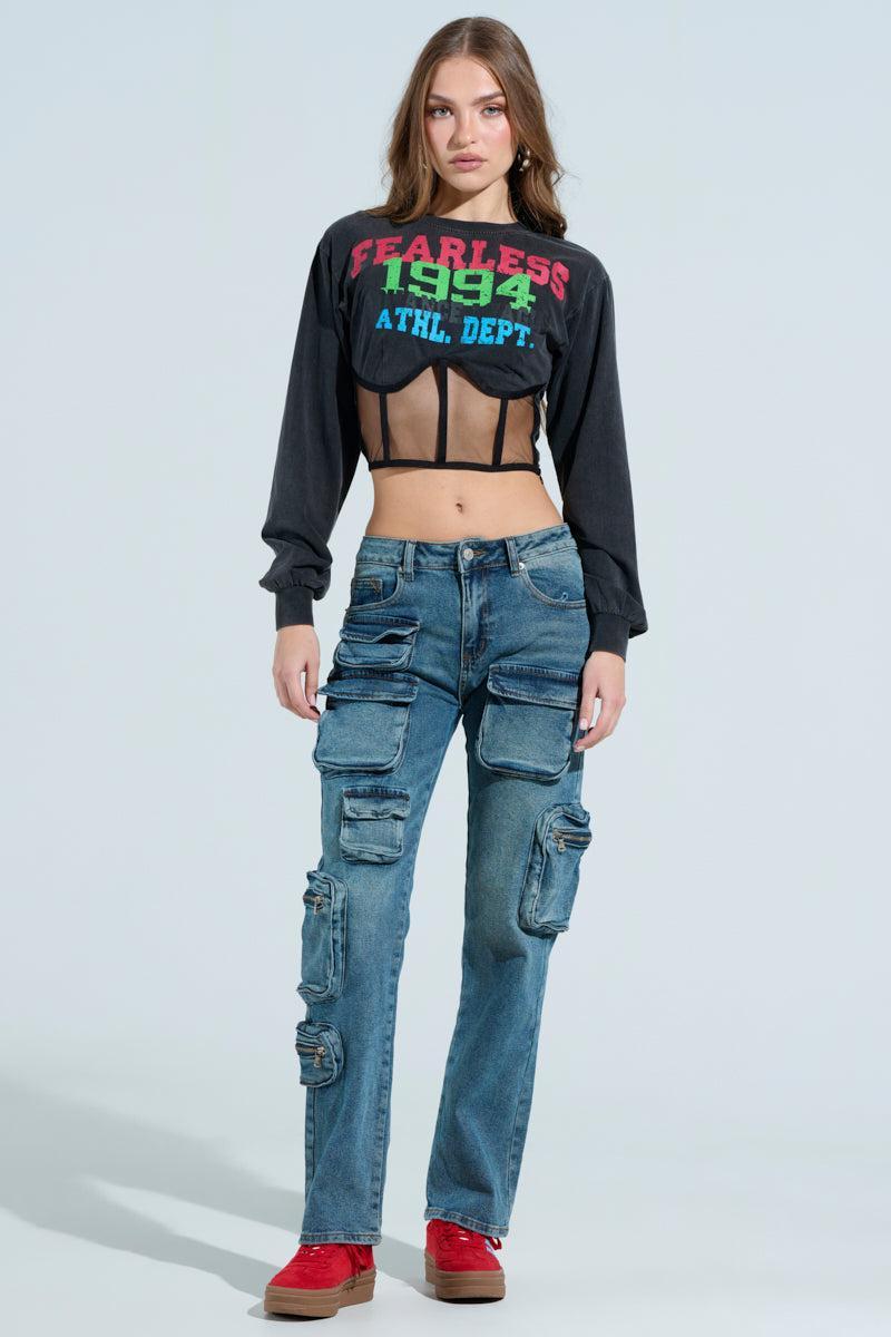 ALL OVER POCKET DETAIL RELAXED FIT JEANS IN MEDIUM BLUE DENIM Product Image