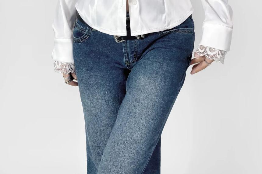 Long Sleeve Collared Mock Two Piece Lace Panel Satin Shirt Product Image