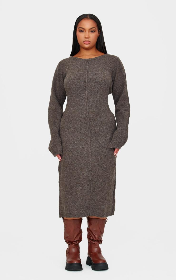 Plus Chocolate Knitted Seam Front Midaxi Dress Product Image