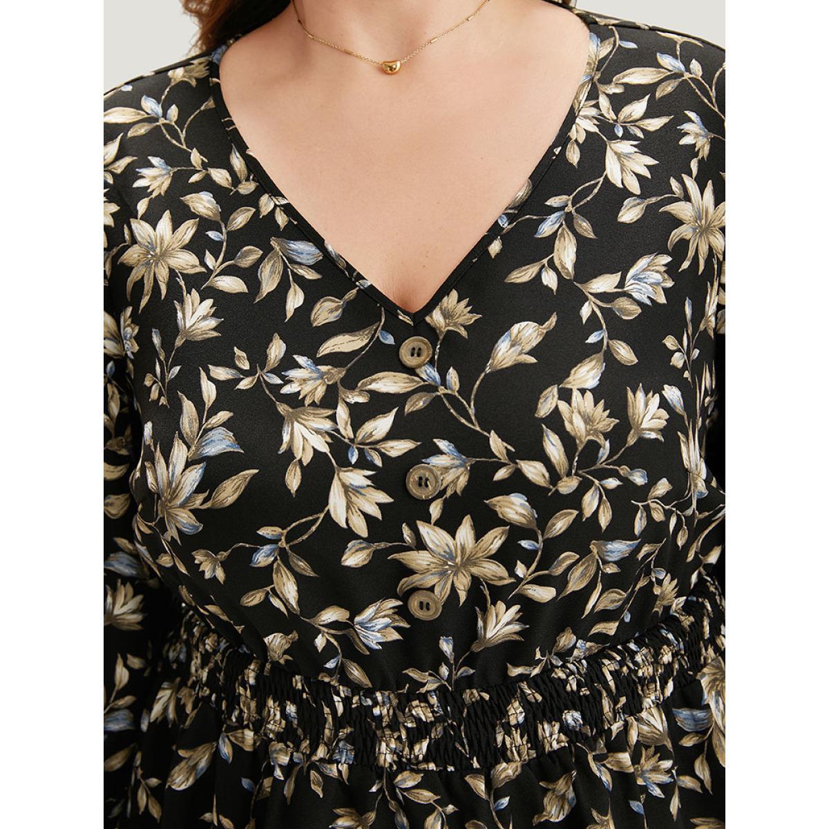Plus Size BlackFlower Floral Print Shirred Button Detail V Neck Petal Sleeve Blouse Women Vacation Half Sleeve V-neck Dailywear Blouses BloomChic 14-16/1X Product Image
