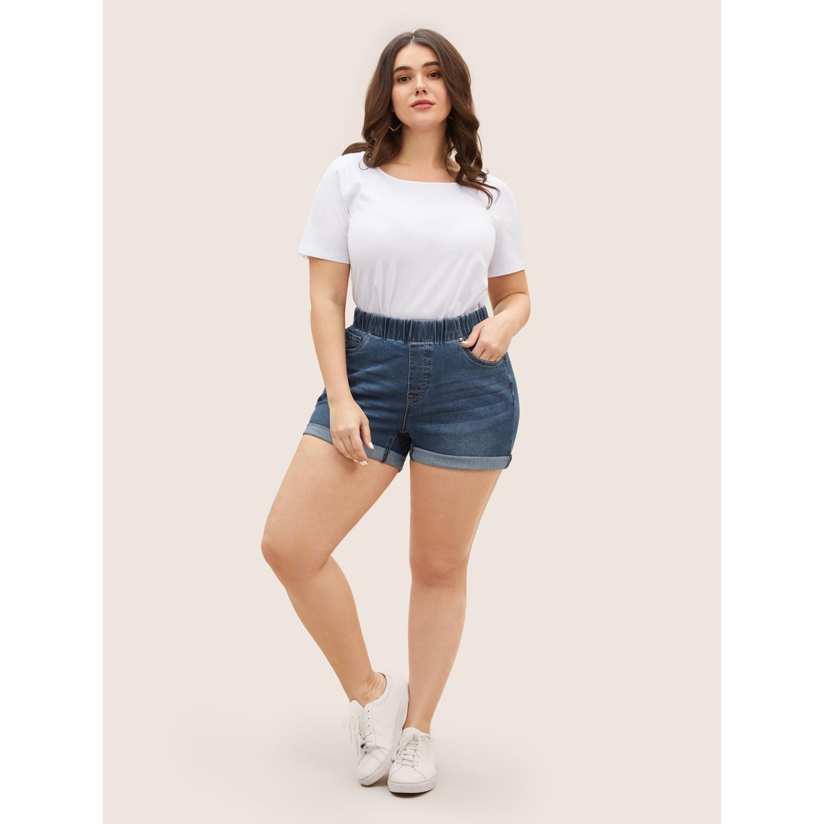 Plus Size Dark Wash Elastic Waist Roll Hem Denim Shorts Women DarkBlue Roll Hem Medium stretch Everyday Slanted pocket Casual Denim Shorts BloomChic 30/6X Product Image