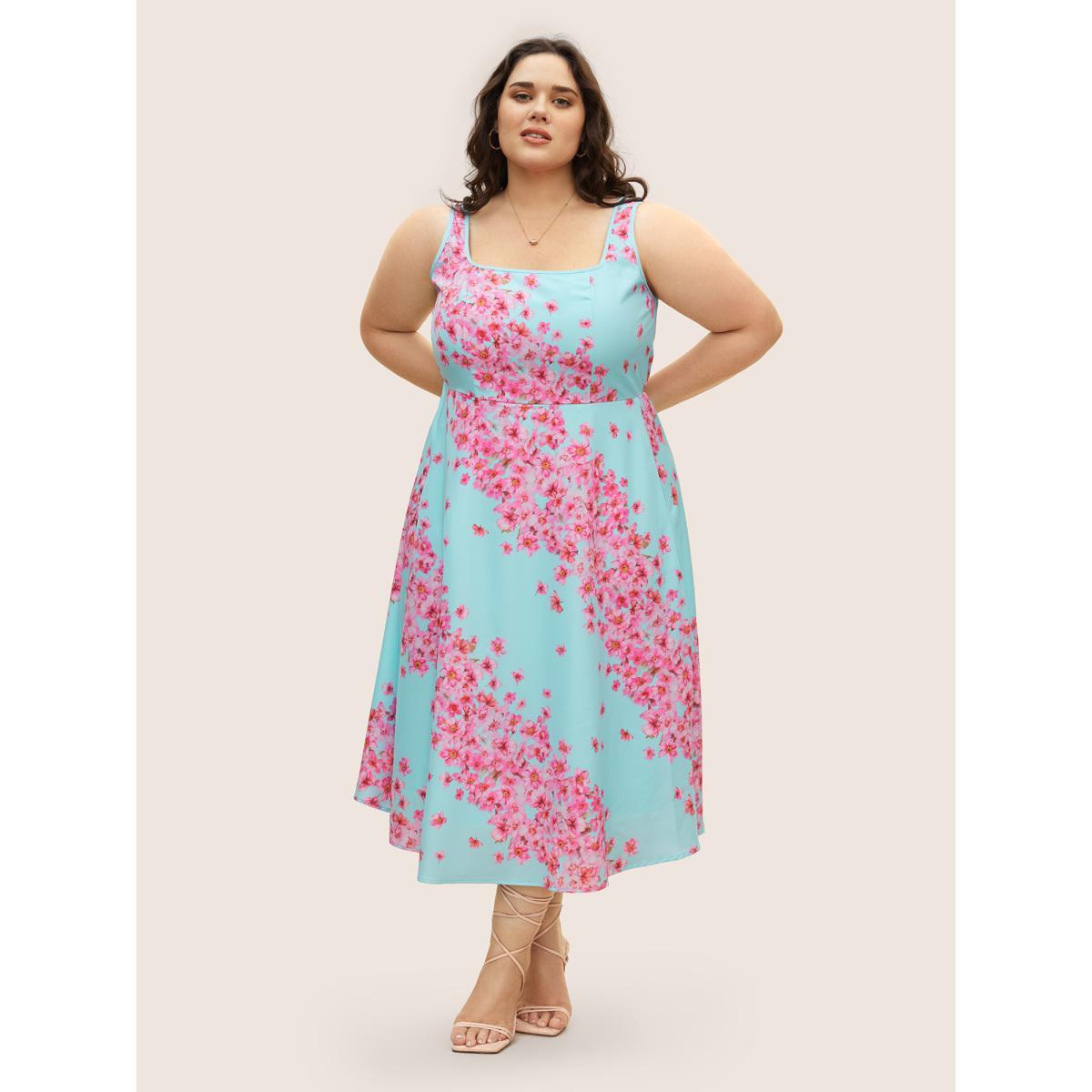 Plus Size Boho Print Square Neck Elastic Waist Dress Skyblue Women Elegant Square Neck Sleeveless Curvy BloomChic 22-24/3X Product Image