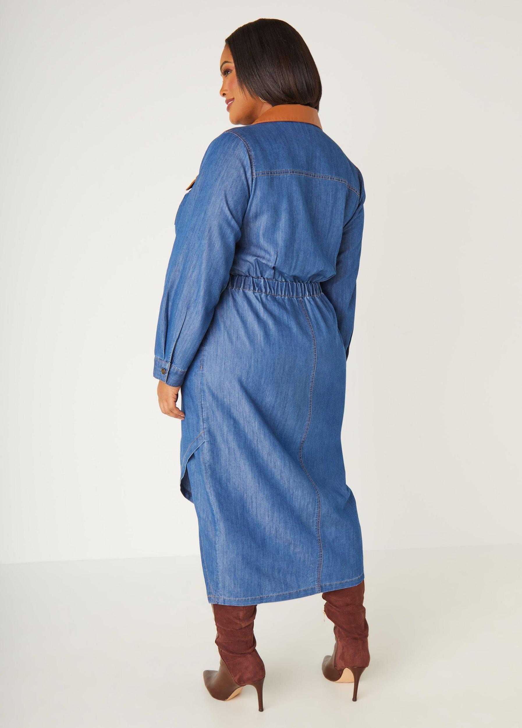 Plus Size Faux Leather And Chambray Shirtdress Ashley Stewart Product Image