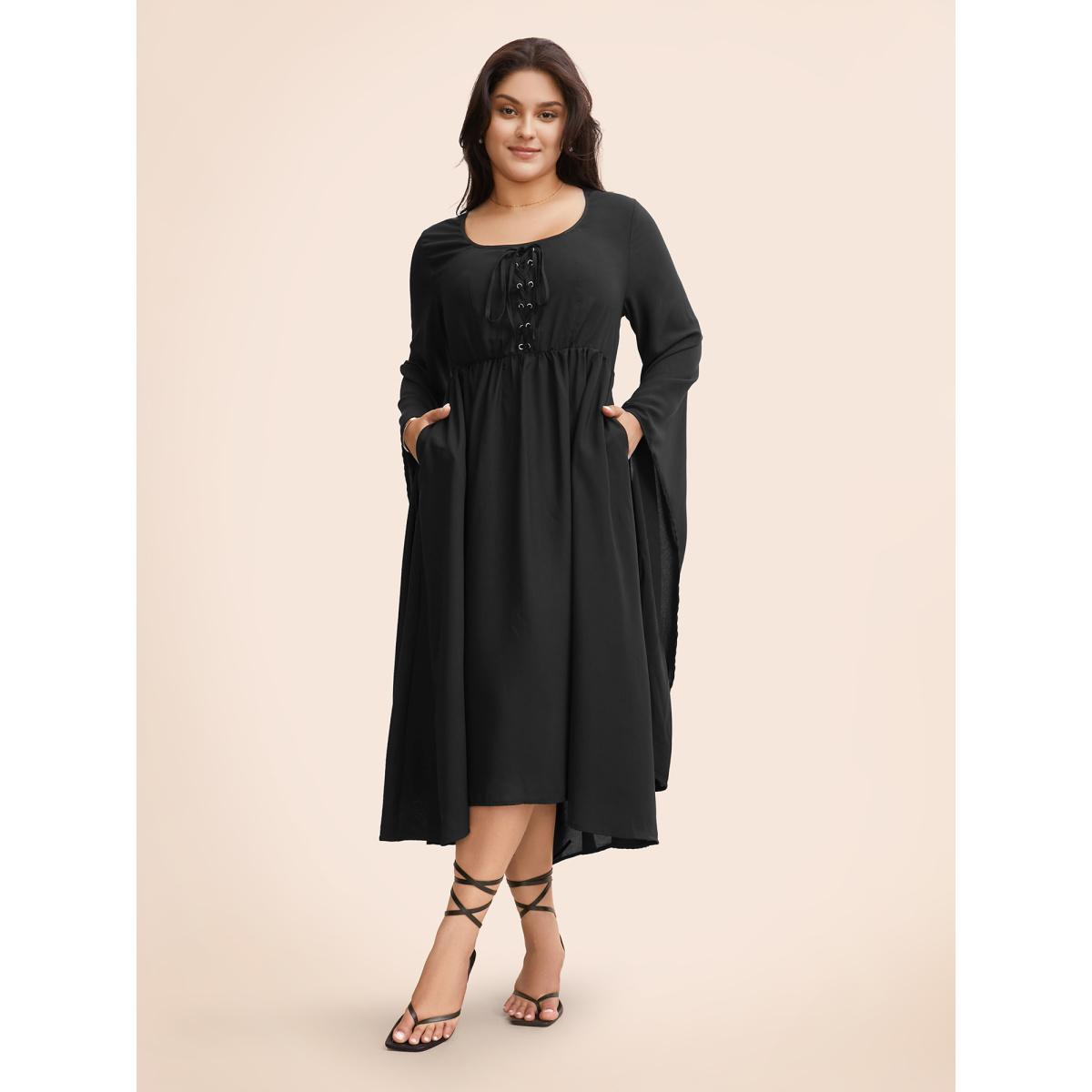 Plus Size Solid Bell Sleeve Pocket Ties High Low Hem Dress Black Women Elegant Non V-neck Long Sleeve Curvy Midi Dress BloomChic 26/4X Product Image
