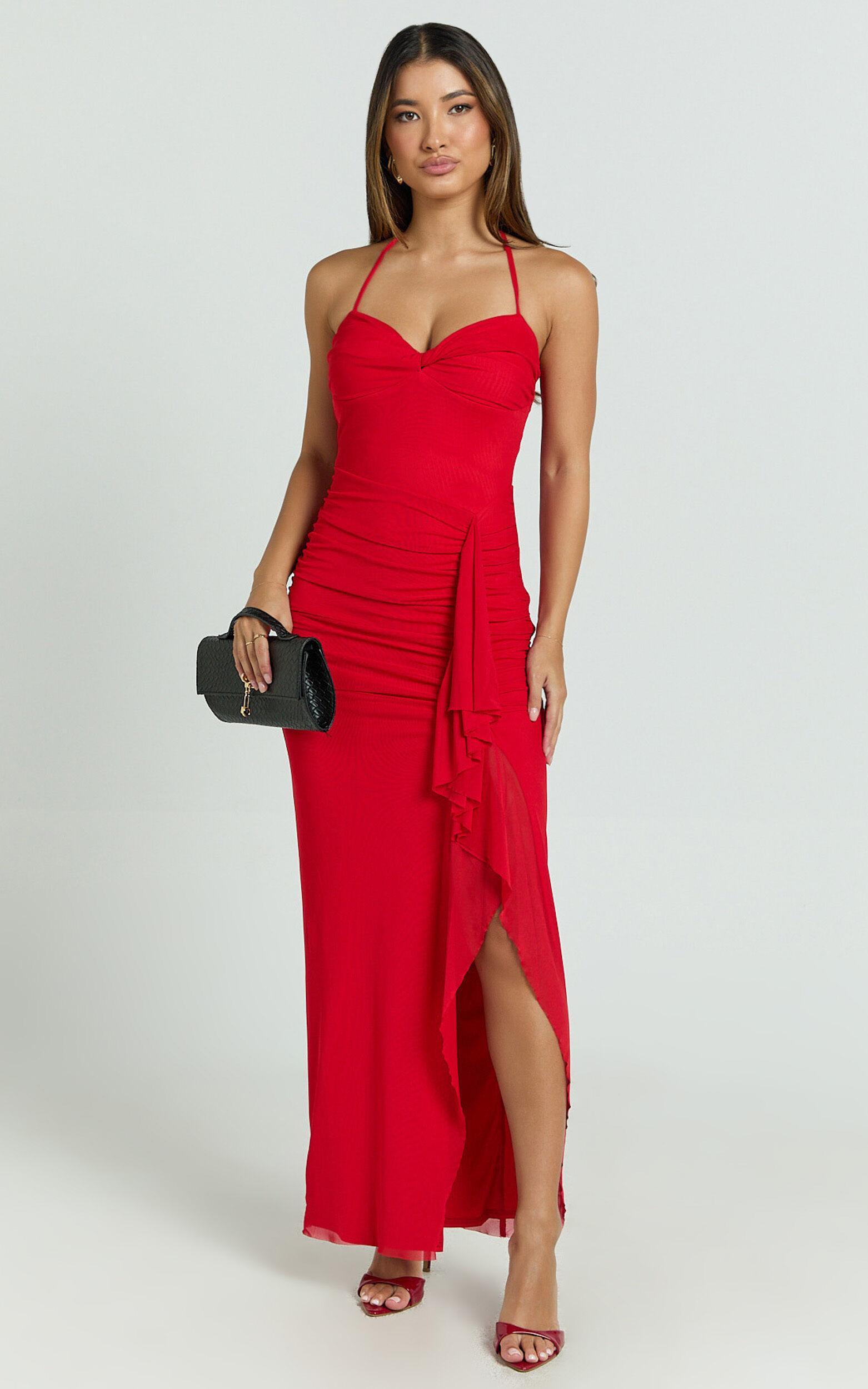 Silvana Maxi Dress - Halter Ruched Side Split Dress in Red Product Image