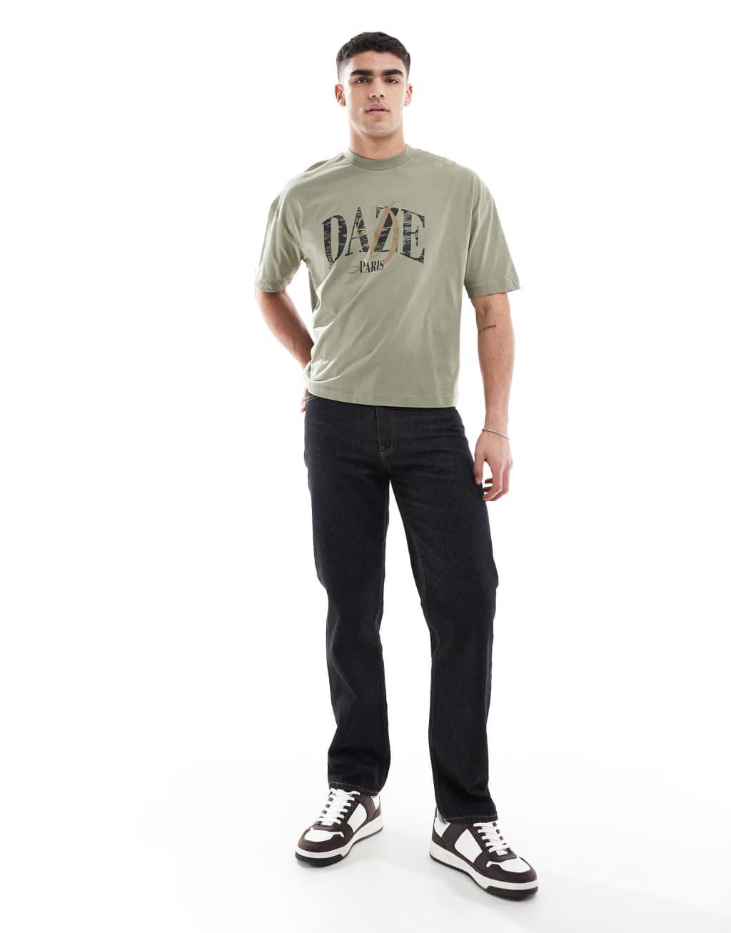 ASOS DESIGN boxy oversized T-shirt with text graphic in khaki Product Image