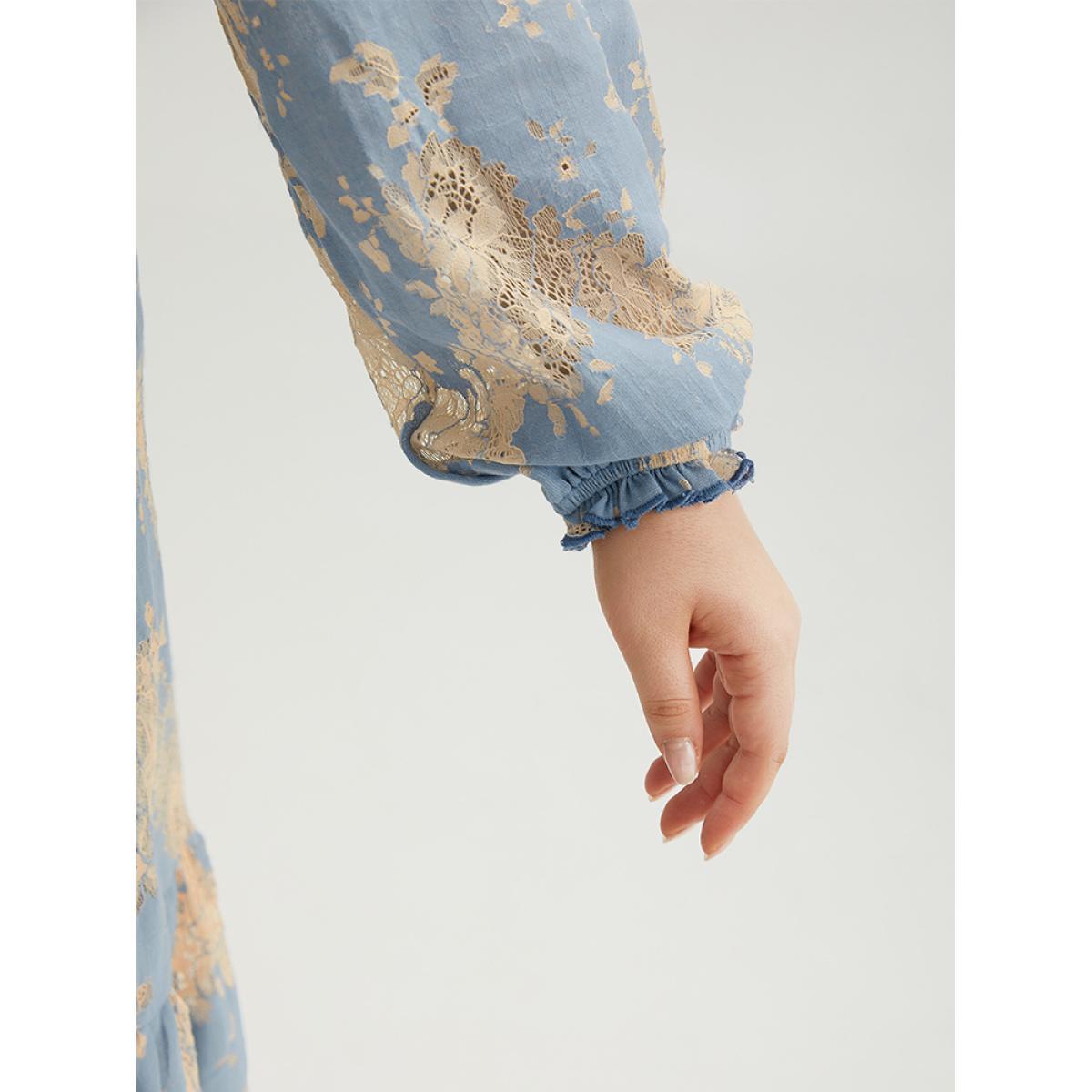 Plus Size Contrast Lace Panel Frill Trim Lantern Sleeve Dress Aegean Women Vacation Elastic cuffs Square Neck Long Sleeve Curvy Midi Dress BloomChic 28/5X Product Image