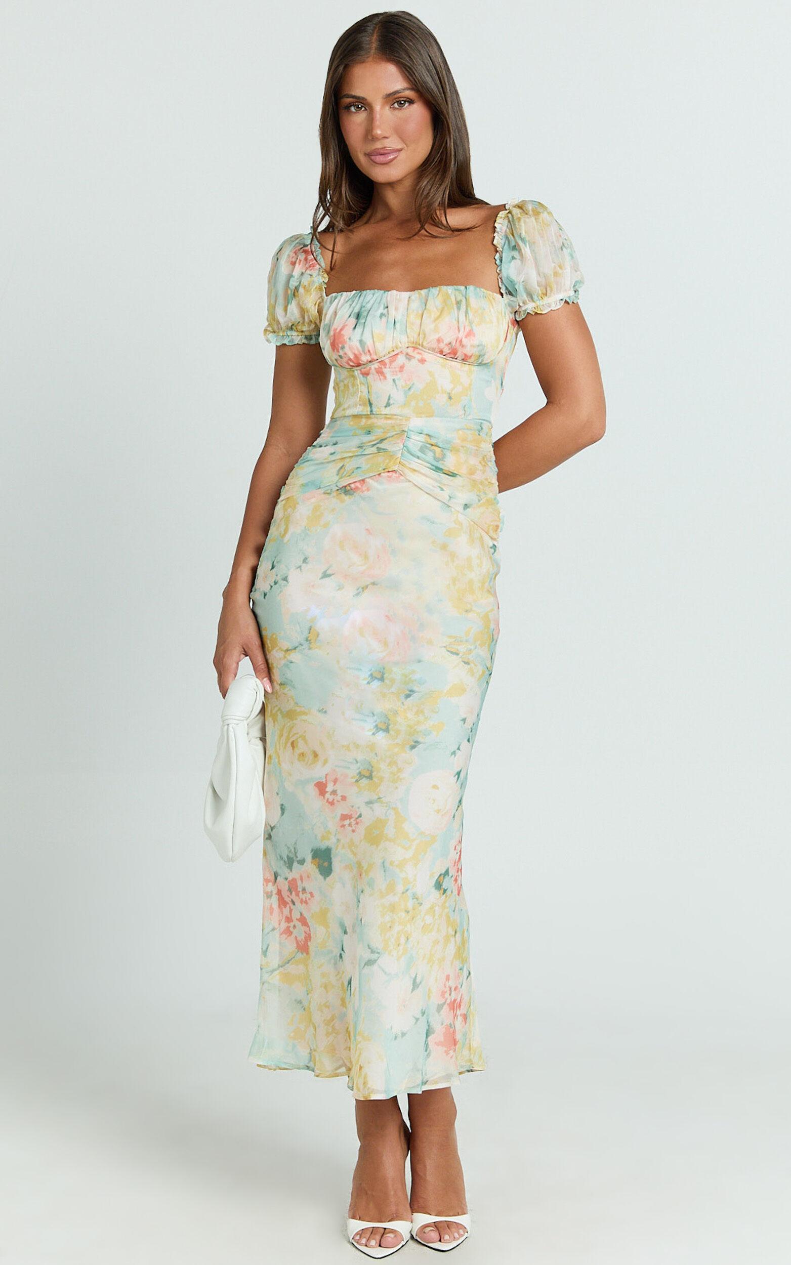 Debina Maxi Dress - Sweetheart Neckline Short Sleeve Dress in Yellow Product Image