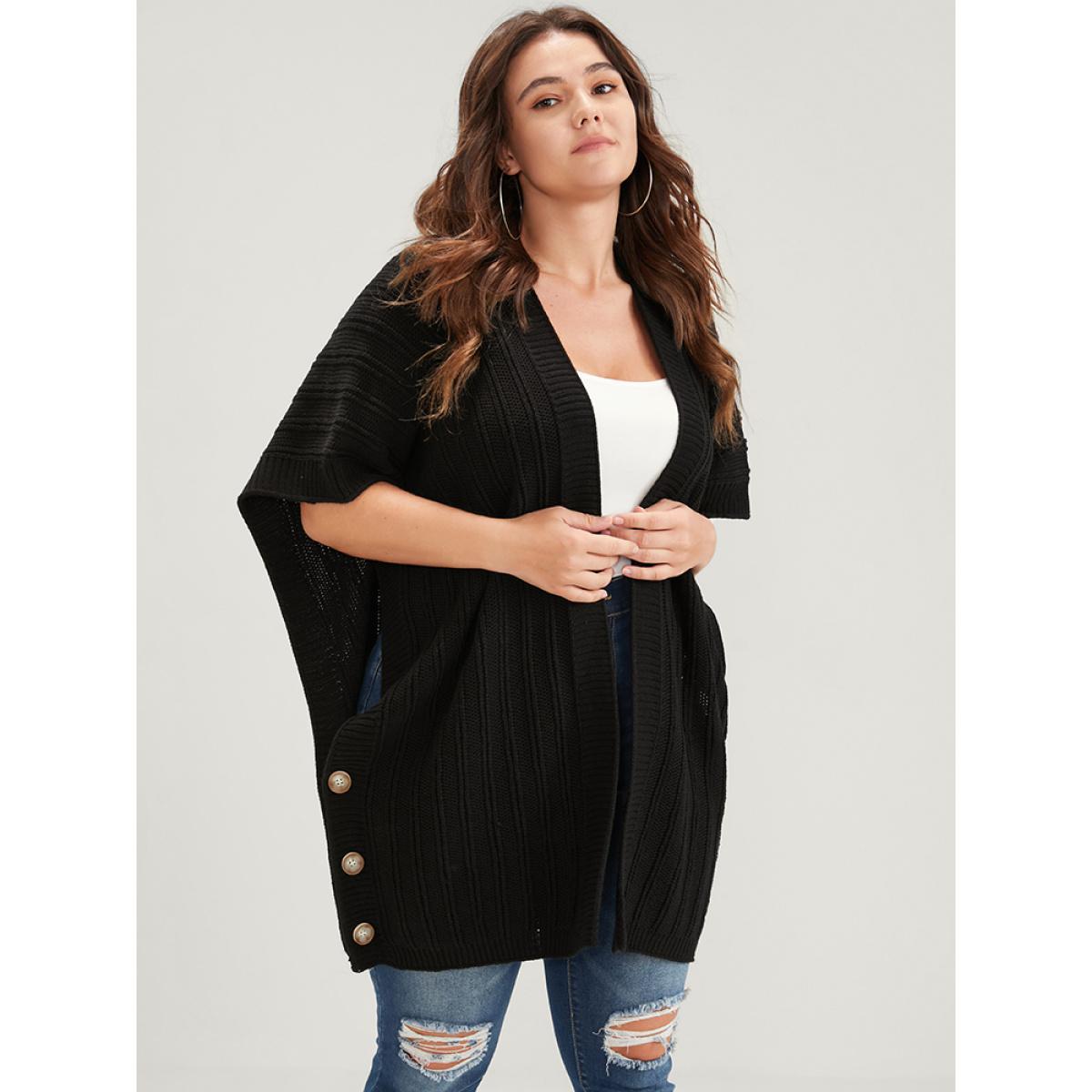 Plus Size Solid Pointelle Knit Button Hem Dolman Sleeve Open Front Cardigan Black Women Elegant Oversized Sleeveless Dailywear Cardigans BloomChic 22-24/3X Product Image