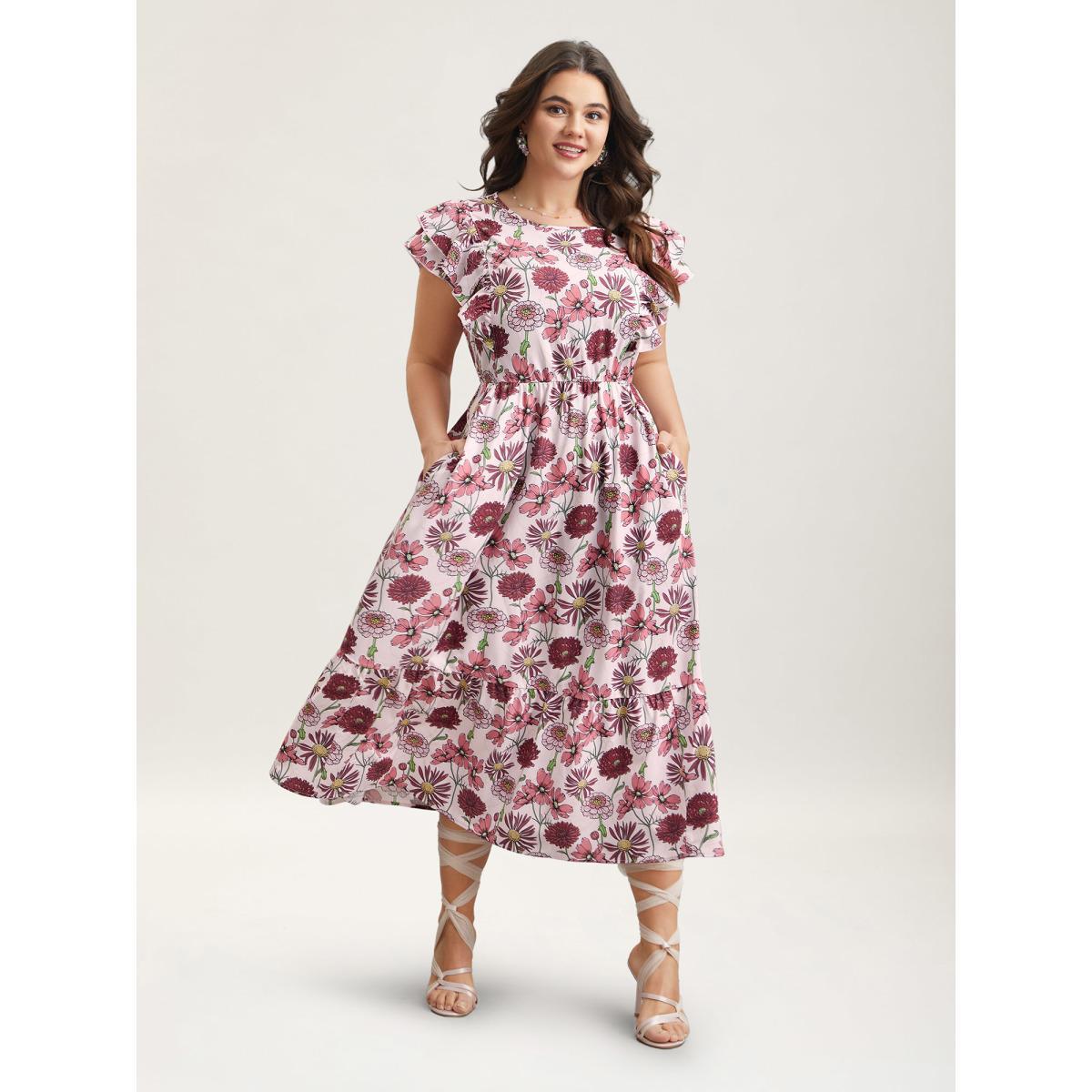 Plus Size Ruffled Floral Print Stretchy-Waist Midi Dress Multicolor Women Elegant Ruffles Round Neck Cap Sleeve Curvy BloomChic 10/M Product Image