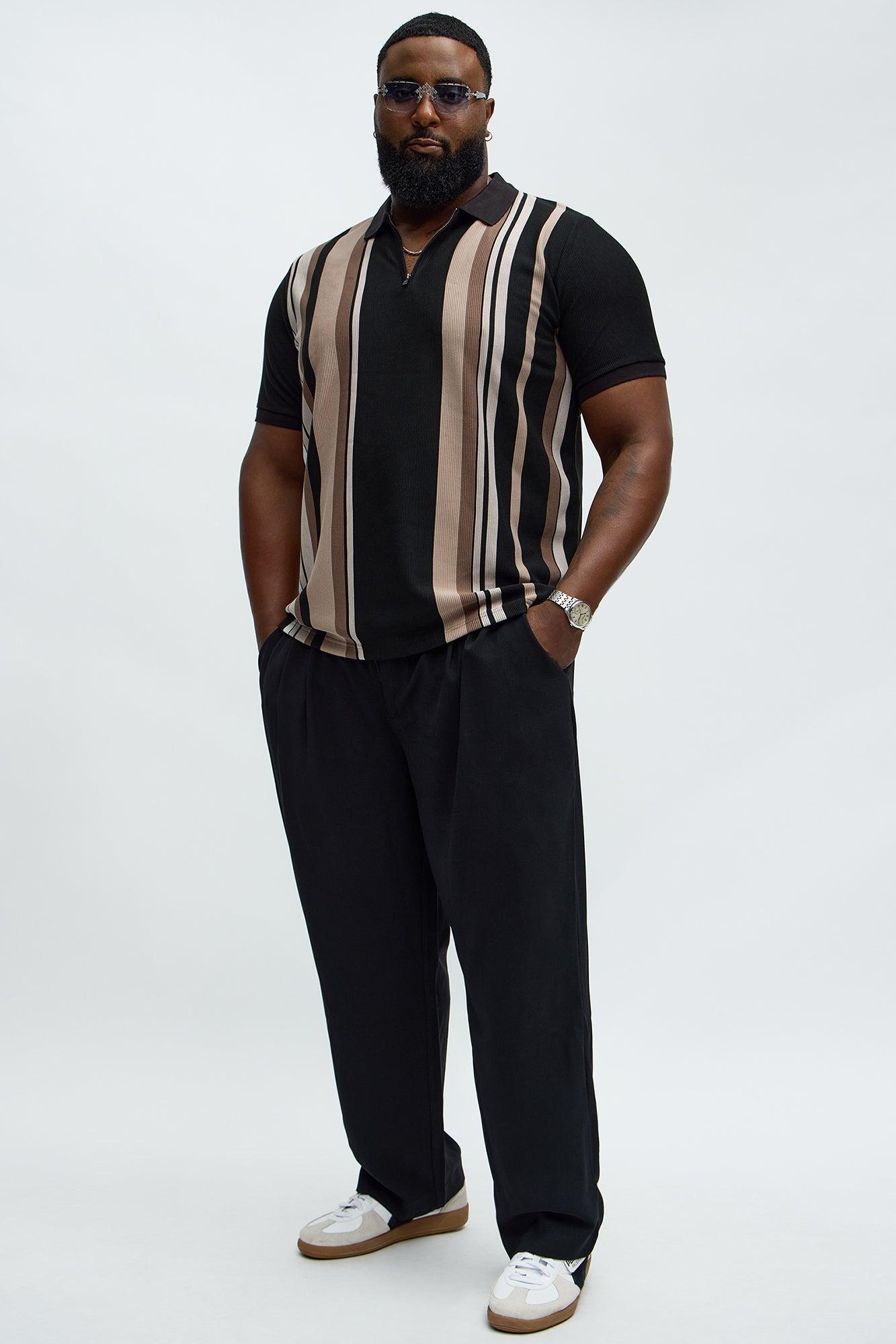 Textured Striped Quarter Zip Polo - Black Product Image