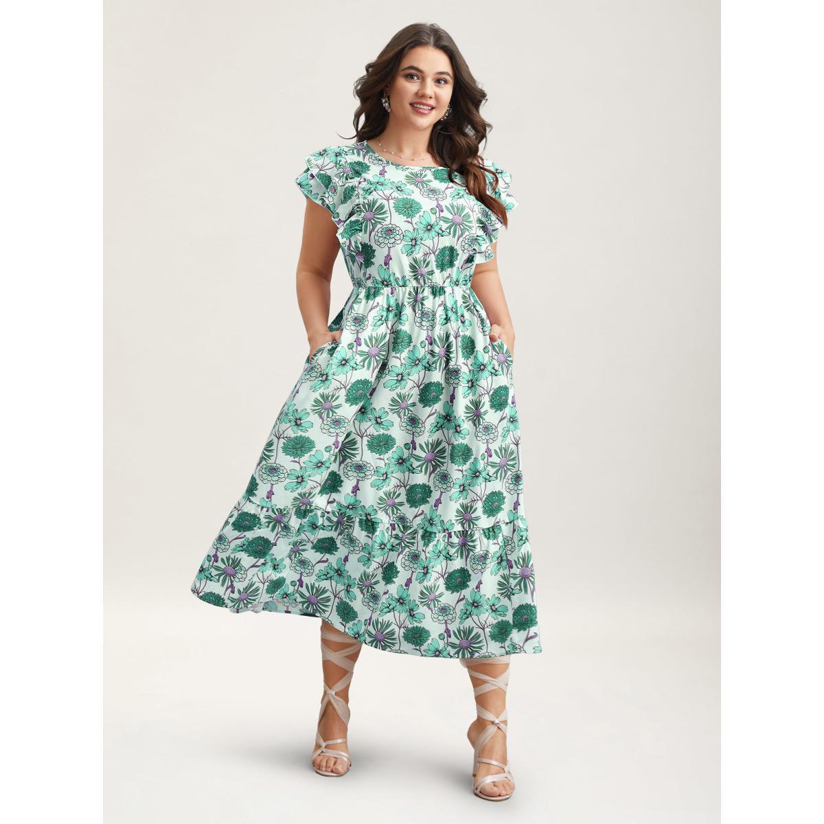 Plus Size Ruffled Floral Print Stretchy-Waist Midi Dress Turquoise Women Elegant Ruffles Round Neck Cap Sleeve Curvy BloomChic 30/6X Product Image