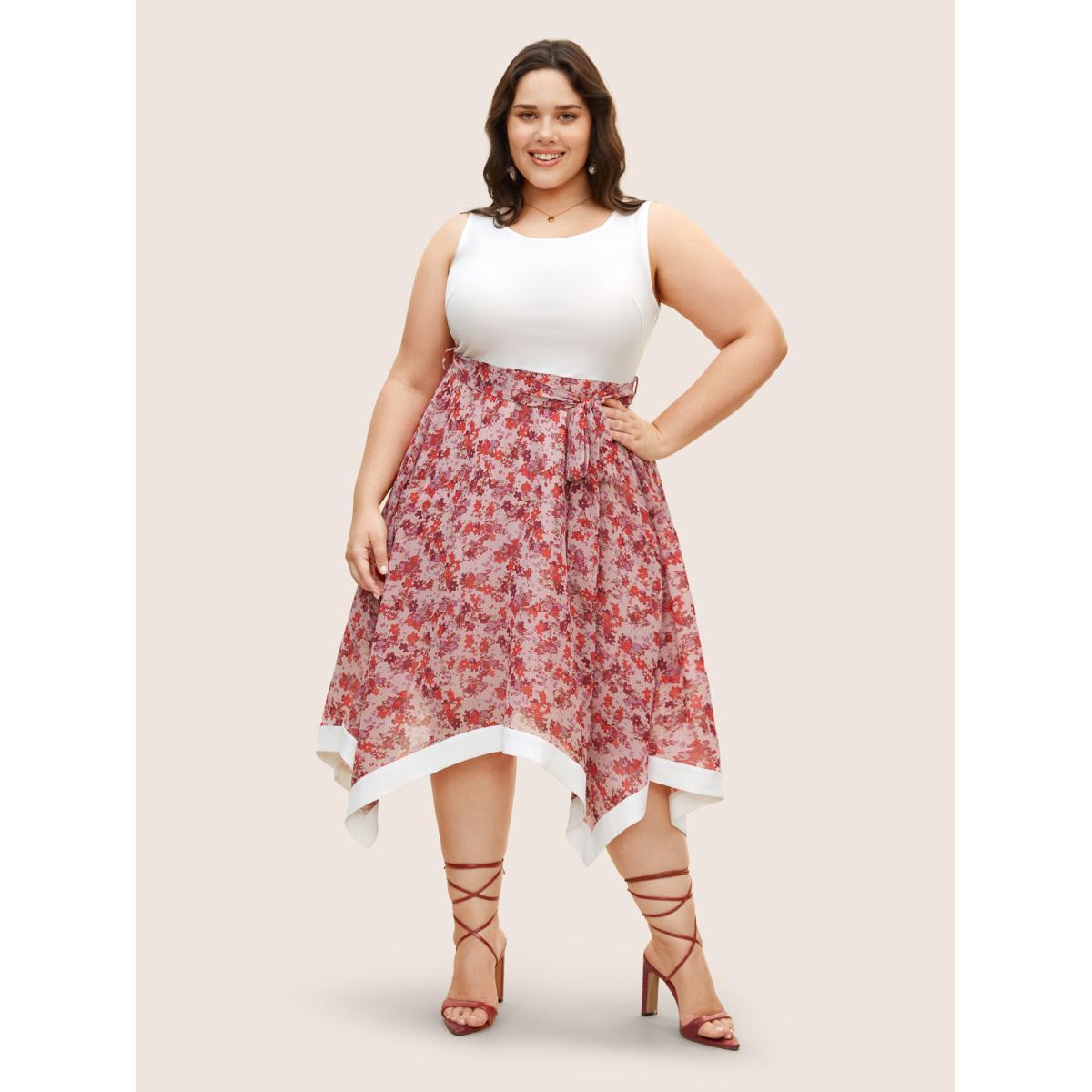 Plus Size Ditsy Floral Patchwork Hanky Hem Midi Dress Lightpink Women Elegant Belted Round Neck Sleeveless Curvy BloomChic 22-24/3X Product Image