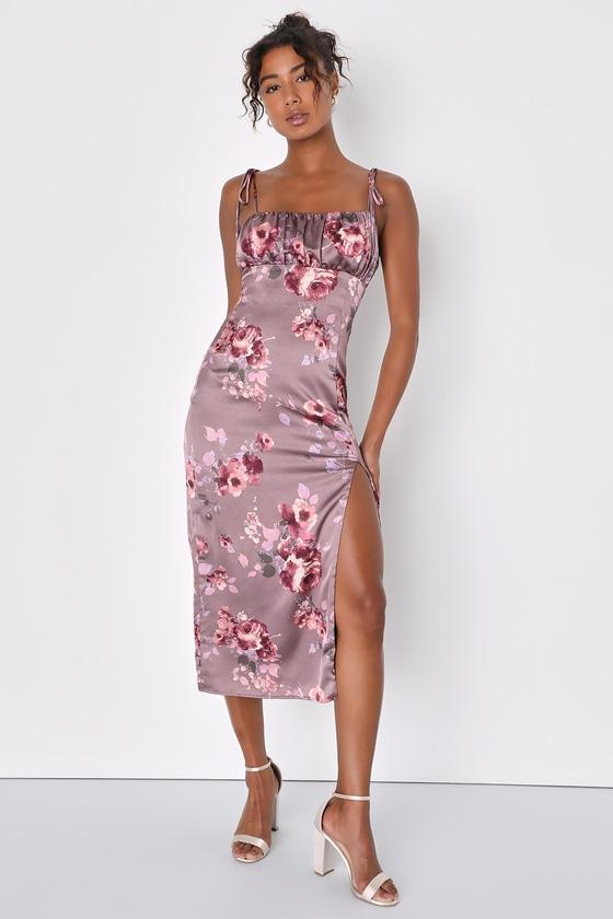 Fleur-ty Behavior Mauve Floral Satin Tie-Strap Midi Dress Product Image