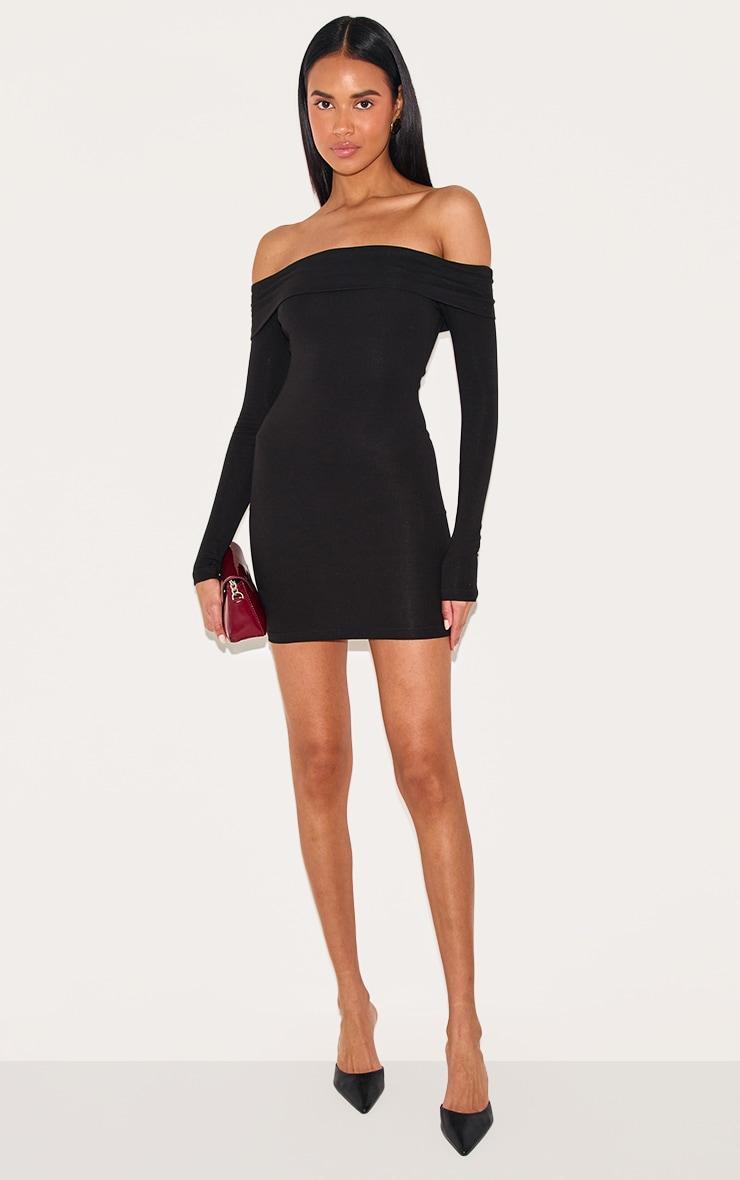Black Cotton Bardot Fold Over Mini Dress Product Image