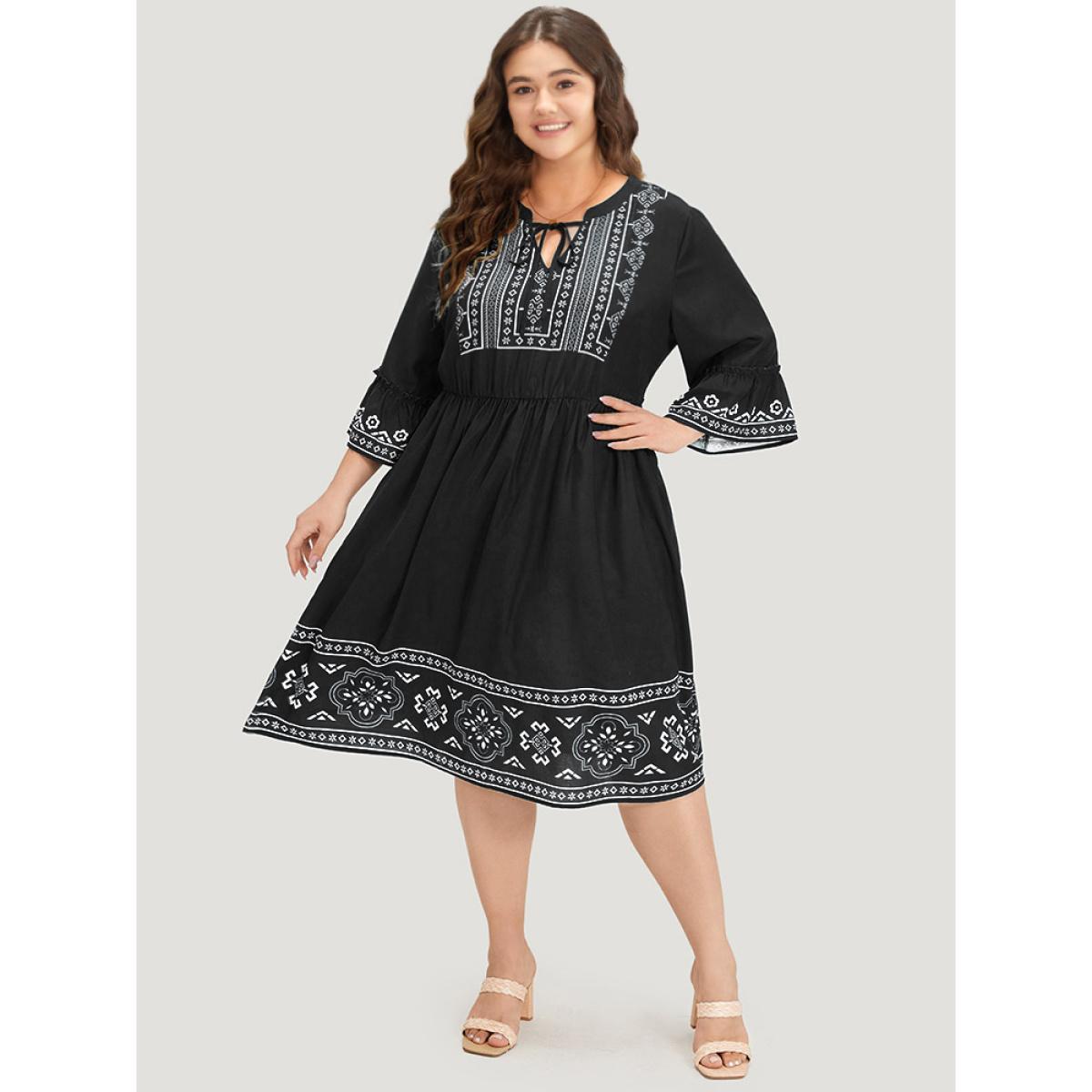 Plus Size Bandana Print Knot Neck Frill Trim Bell Sleeve Dress Black Women Vacation Cross straps Notched collar Half Sleeve Curvy Midi Dress BloomChic 18-20/2X Product Image