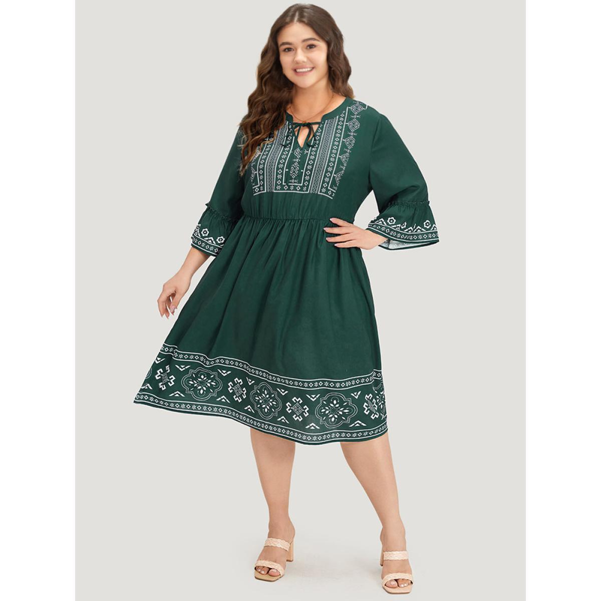 Plus Size Bandana Print Knot Neck Frill Trim Bell Sleeve Dress DarkGreen Women Vacation Cross straps Notched collar Half Sleeve Curvy Midi Dress BloomChic 28/5X Product Image