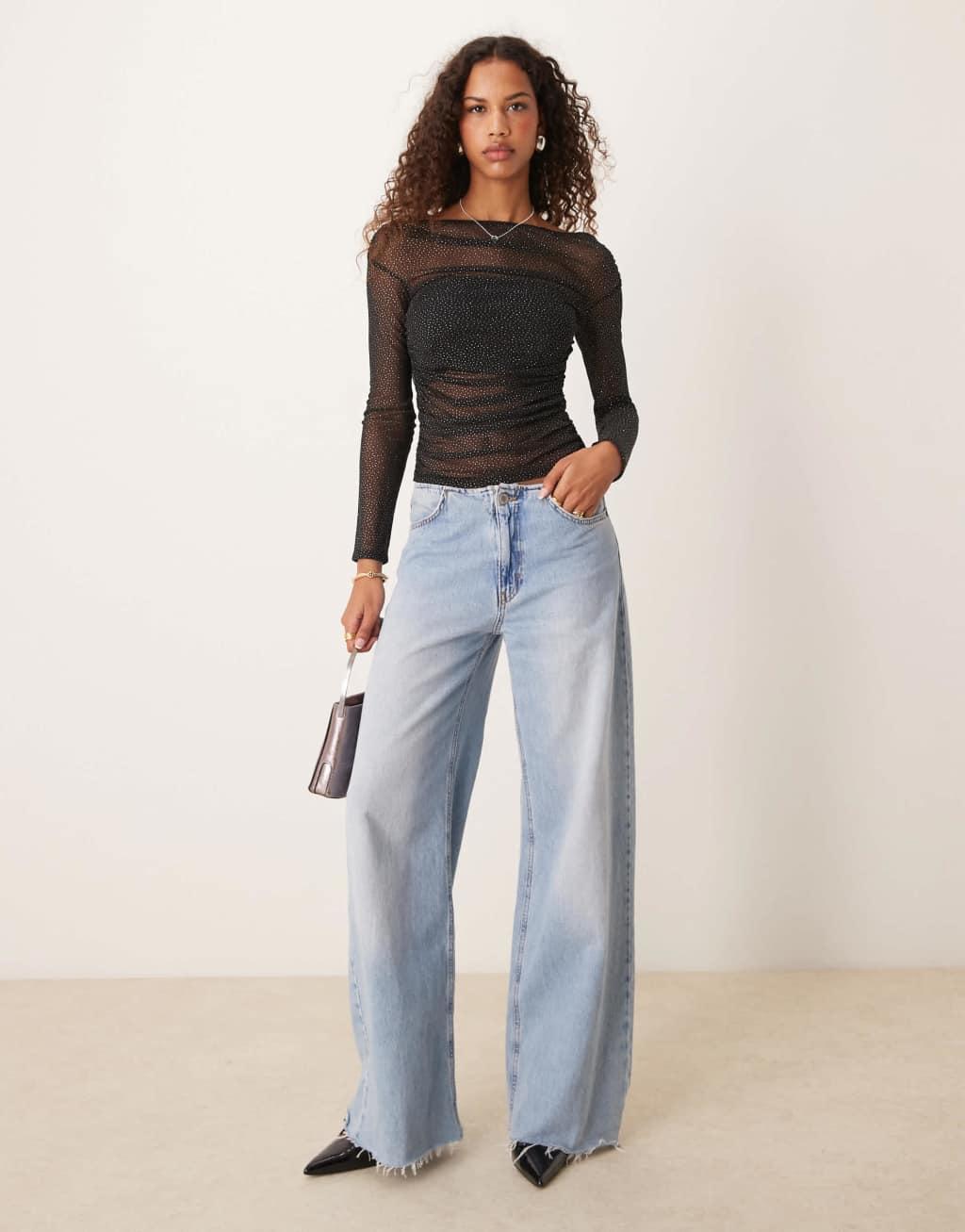 ASOS DESIGN gathered off the shoulder mesh top in black glitter Product Image