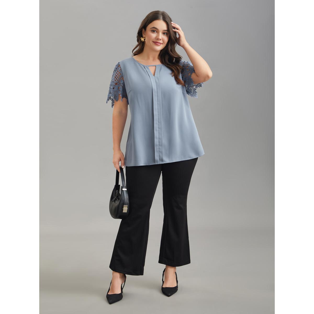 Plus Size Stone Lace Sleeve Neck Cut-Out Flared Shirt Women At the Office Short sleeve Notched collar Work Blouses BloomChic 14-16/1X Product Image