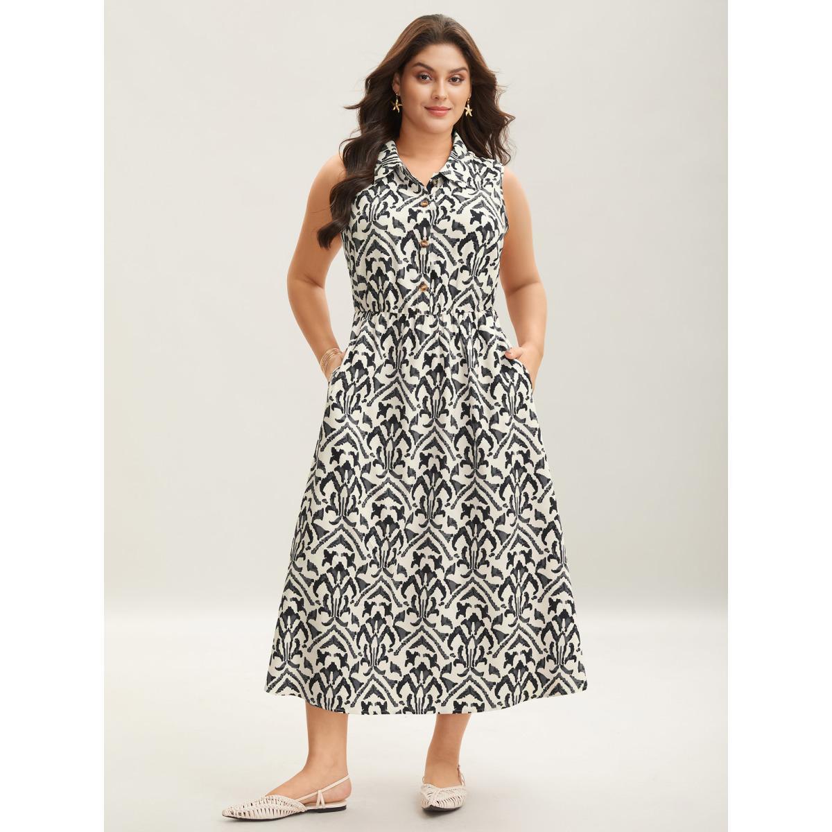 Plus Size Spring Abstract Print Shirt Collar Midi Dress Black Women Shirt collar Sleeveless Curvy BloomChic 30/6X Product Image