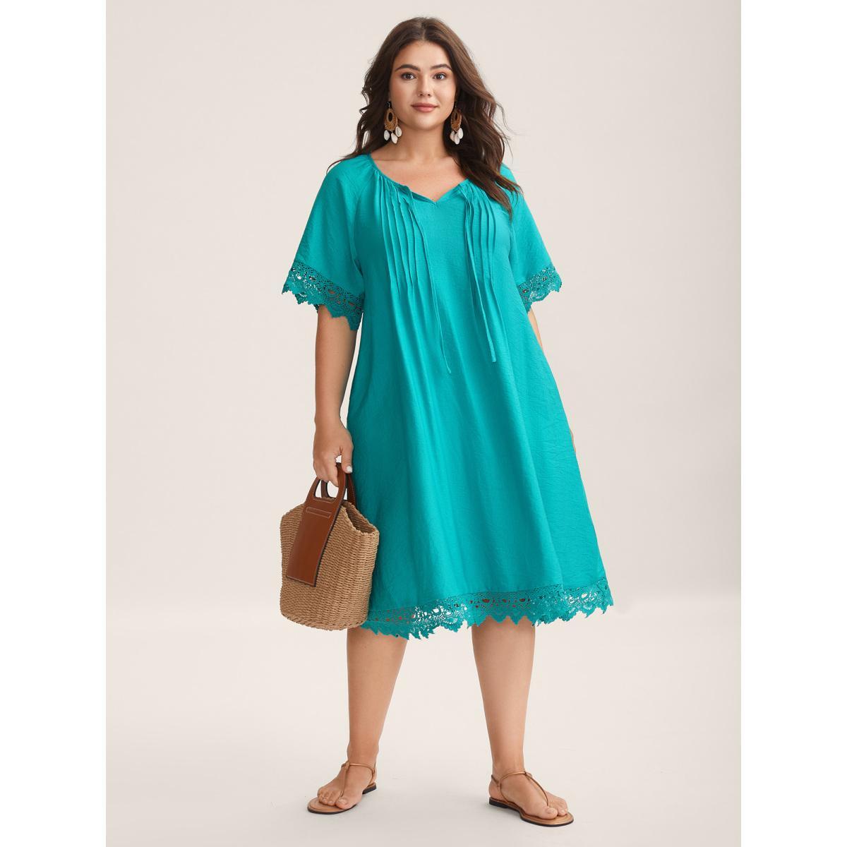 Plus Size Pleated Lace Trim Relaxed Midi Dress Arctic Women Notched collar Short sleeve Curvy BloomChic 22-24/3X Product Image