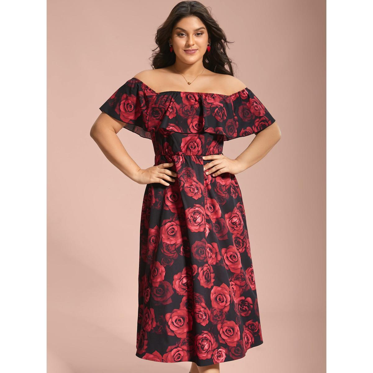 Plus Size Off-Shoulder Rose Pattern Ruffled Dress BlackFlower Women Elegant Ruffles One-shoulder neck Short sleeve Curvy BloomChic 18-20/2X Product Image