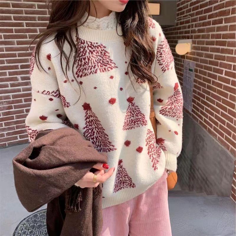 Long-Sleeve Round Neck Christmas Tree Print Sweater Product Image