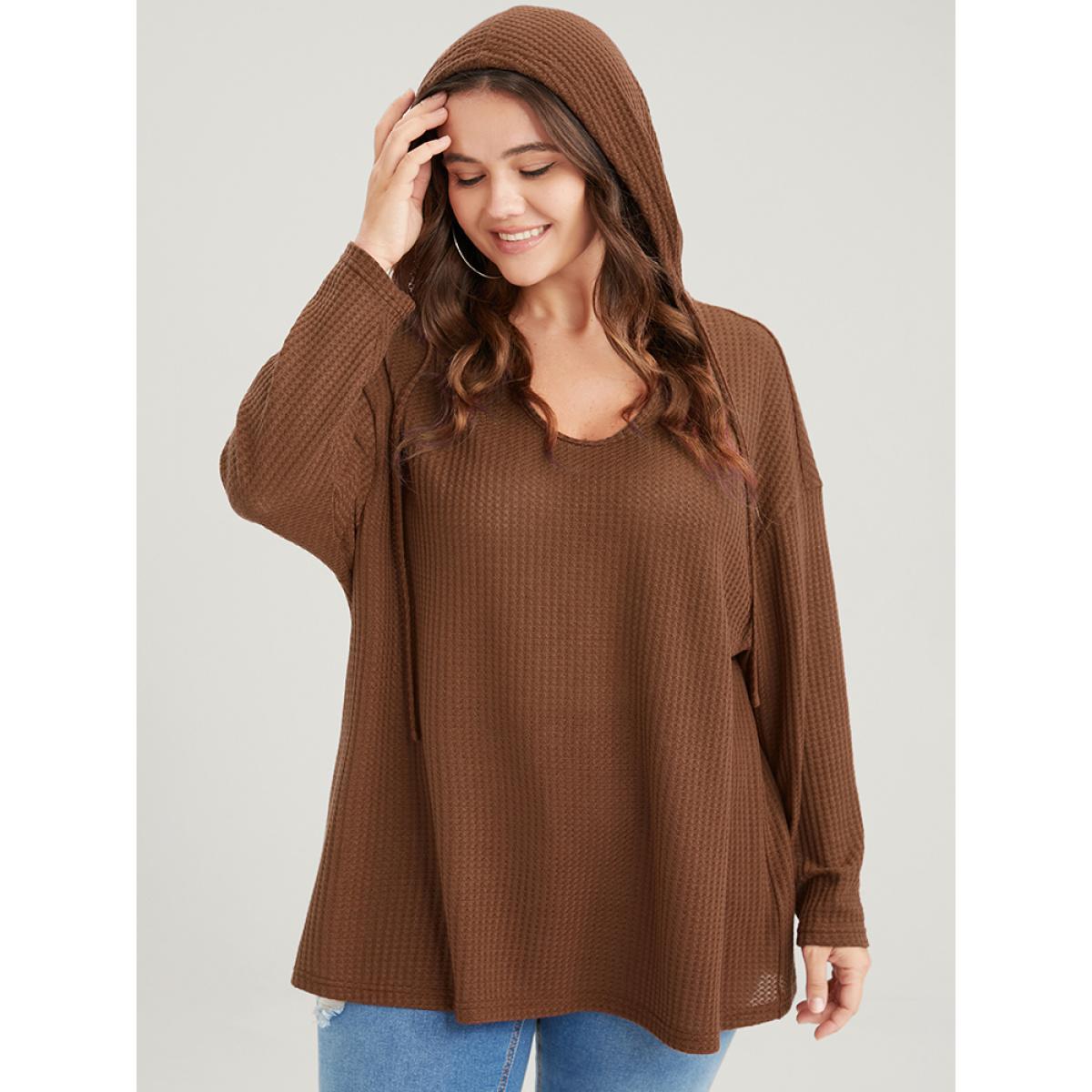 Plus Size Plain Ties Waffle Knit Hooded Sweatshirt Women Chocolate Casual Plain Hooded Dailywear Sweatshirts BloomChic 30/6X Product Image