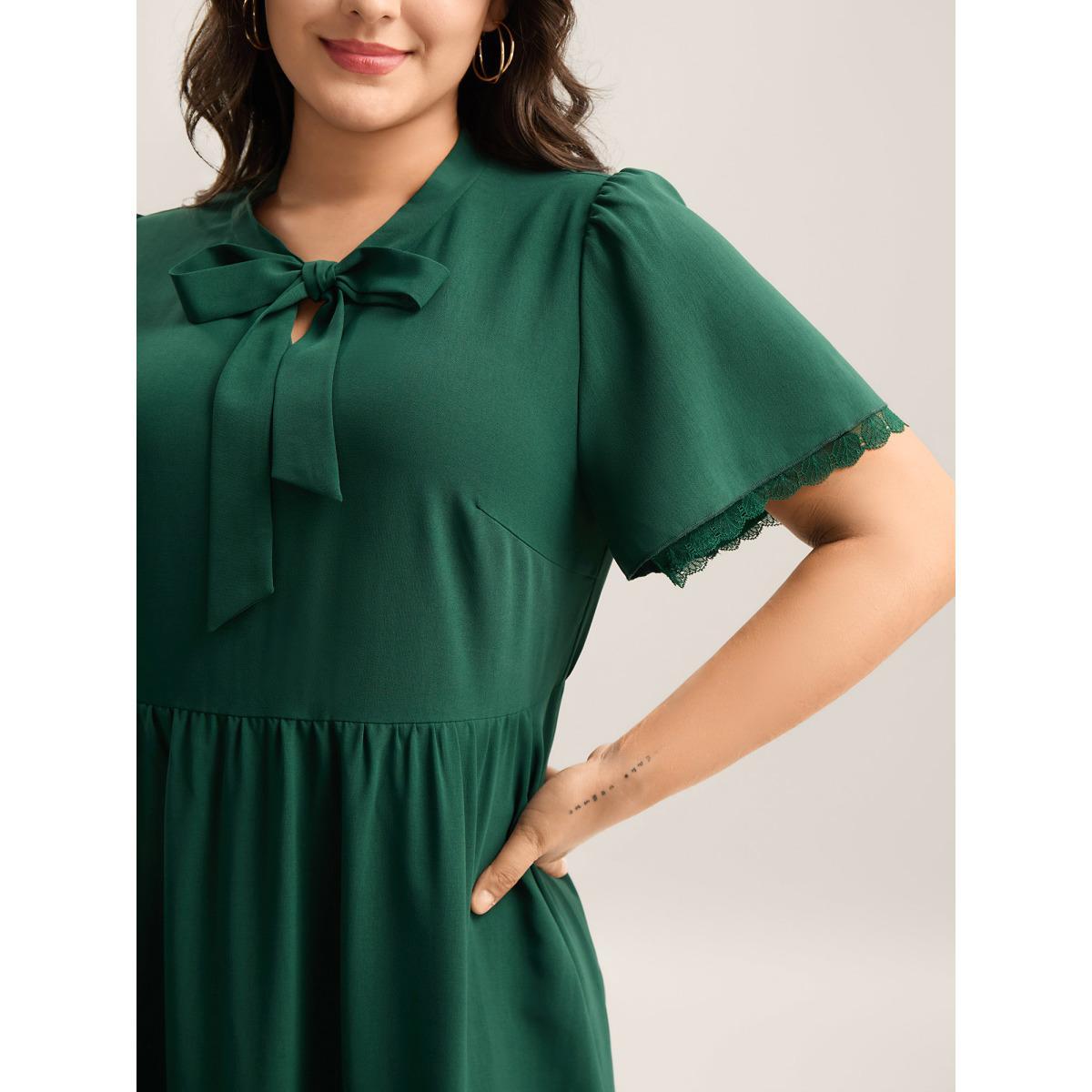 Plus Size Ribbon Neck Flared Sleeve Midi Dress DarkGreen Women Ribbon-tied collar Short sleeve Curvy BloomChic 22-24/3X Product Image