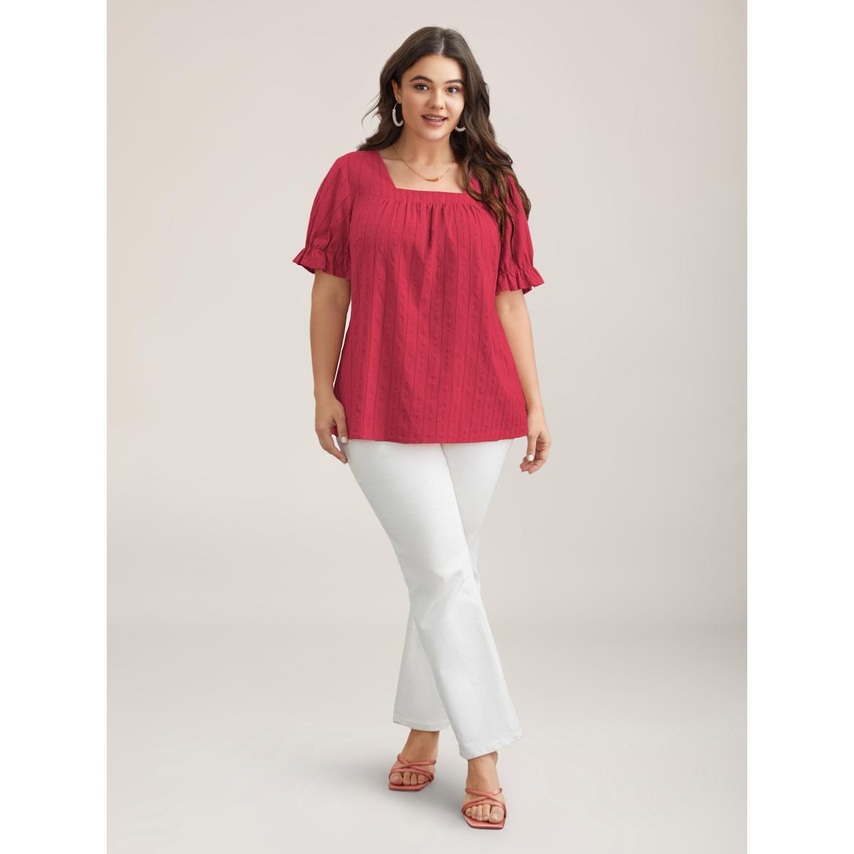 Plus Size Crimson Cotton Square Neck Ruffled Sleeve Shirt Women Elegant Short sleeve Square Neck Everyday Blouses BloomChic 18-20/2X Product Image