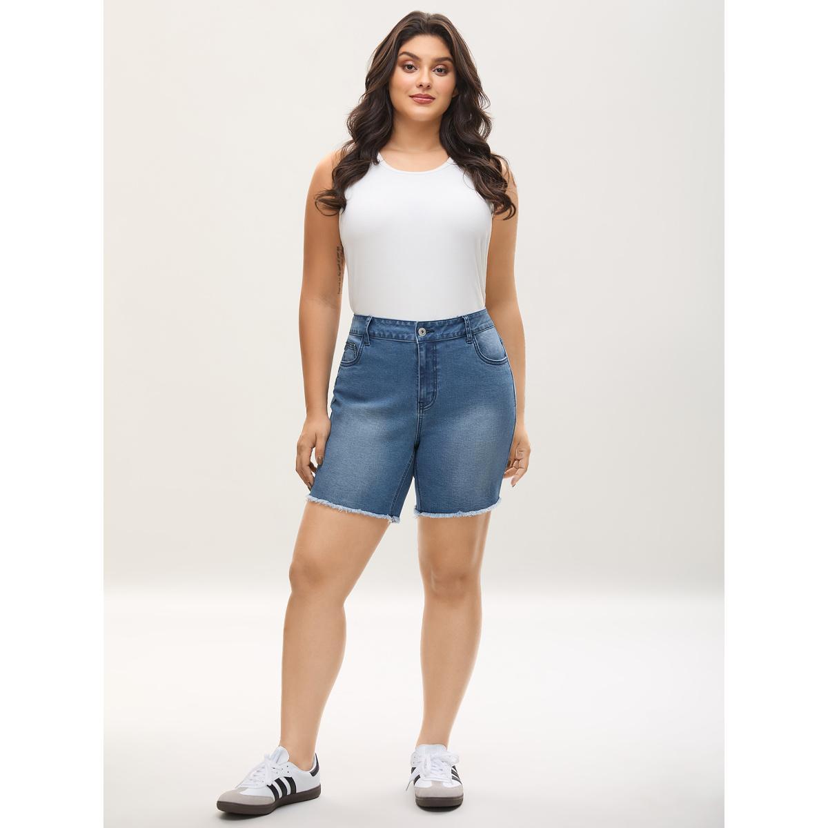 Plus Size Frayed Hem High Rise Denim Shorts Women Midblue Medium stretch Everyday-Casual Slanted pocket Denim Shorts BloomChic 10/M Product Image