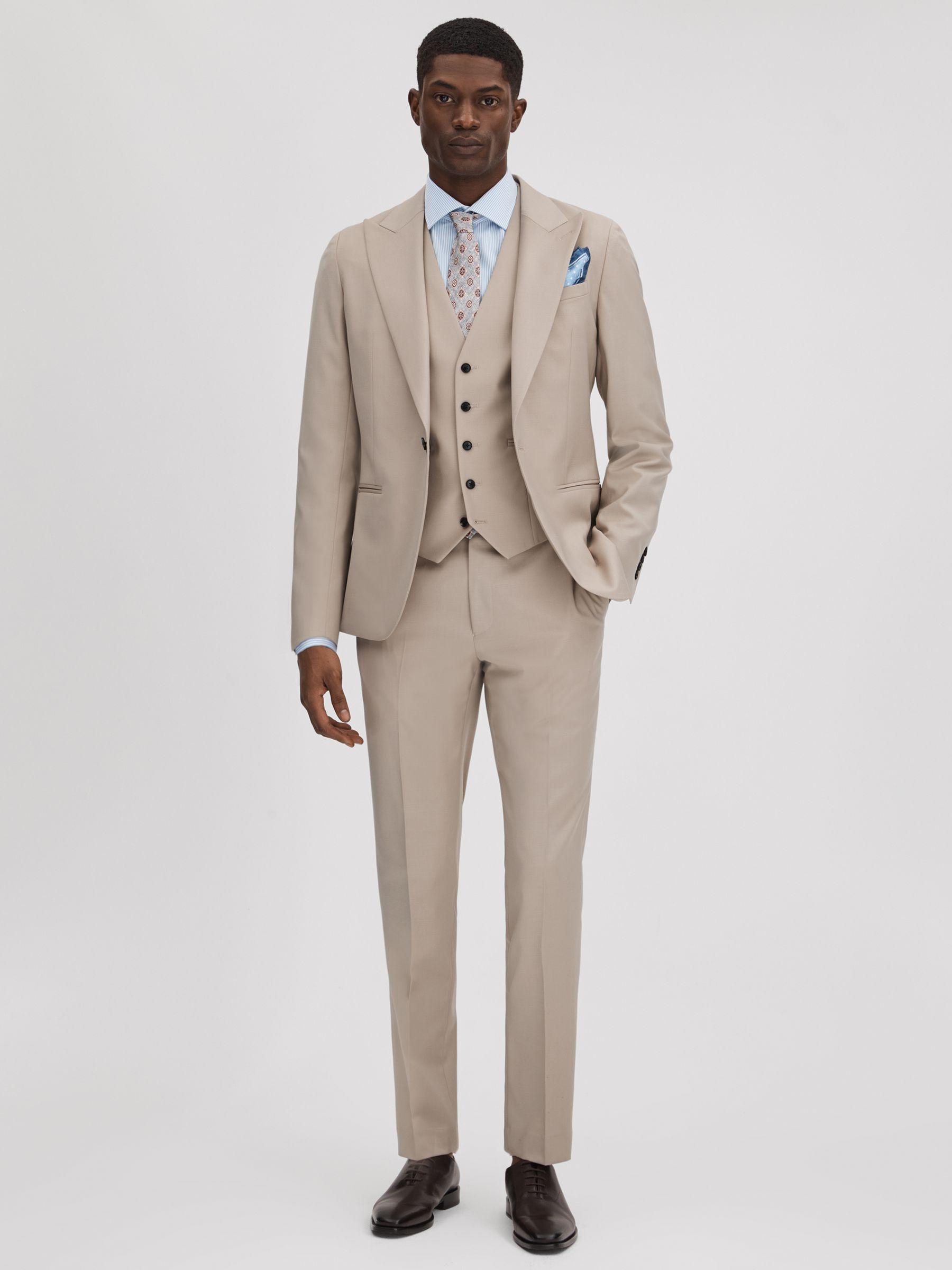 Slim Fit Wool Blend Adjuster Trousers in Stone Product Image