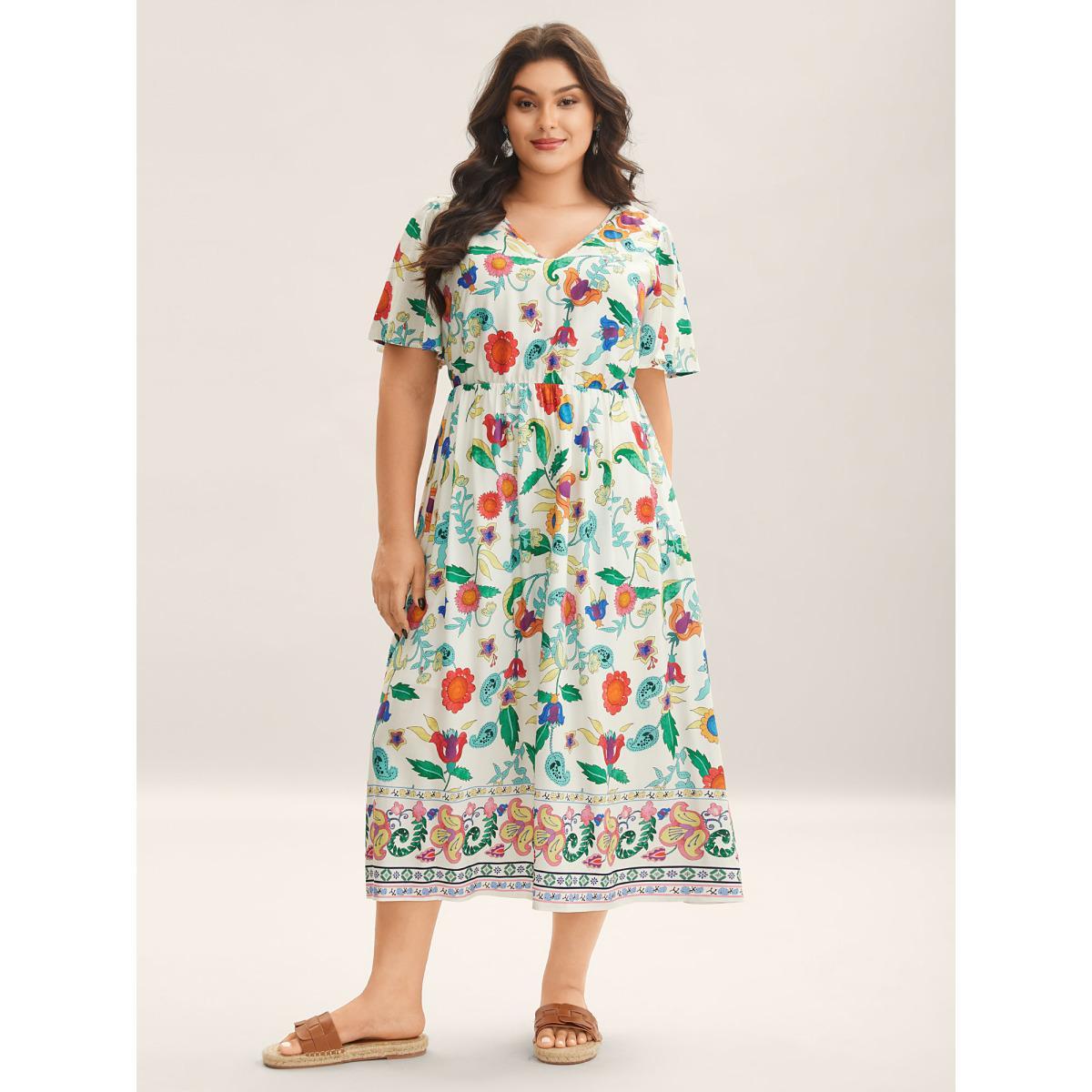 Plus Size Sunkissed Floral V-Neck Pockets Midi Dress Multicolor Women V-neck Short sleeve Curvy BloomChic 18-20/2X Product Image