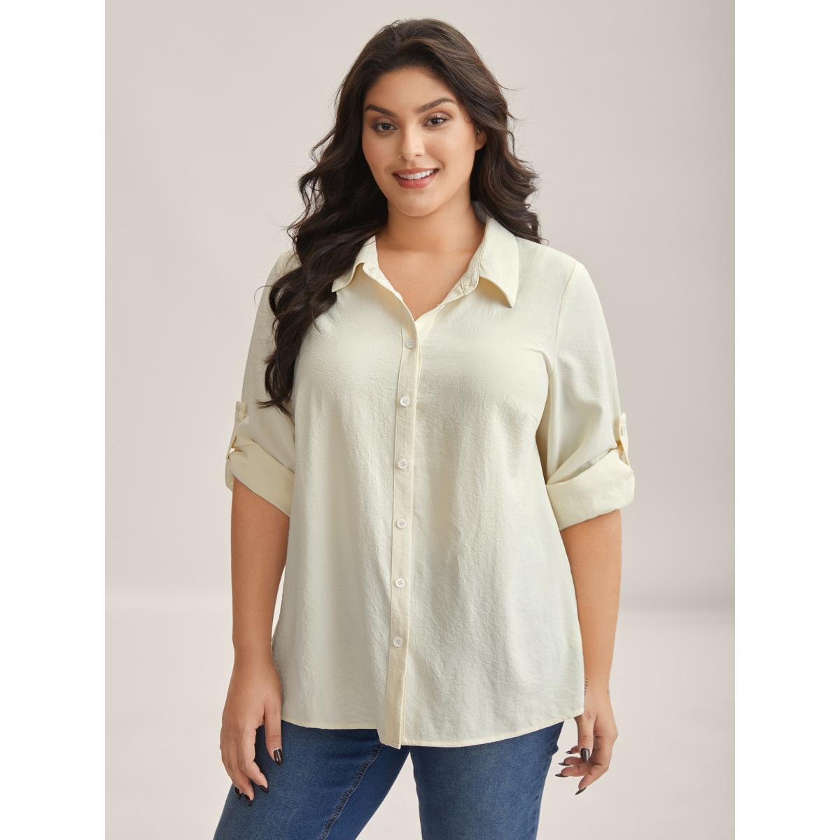 Plus Size Beige Bow Back Button Placket Solid Blouse Women Long Sleeve Shirt collar Everyday-Casual Blouses BloomChic 18-20/2X Product Image