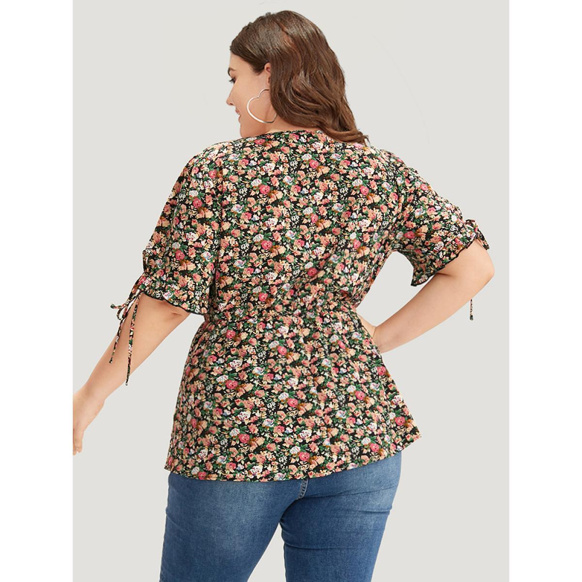 Plus Size Black Ditsy Floral Wrap Ties Gathered Ruffle Hem Blouse Women Elegant Short sleeve V-neck Dailywear Blouses BloomChic 22-24/3X Product Image