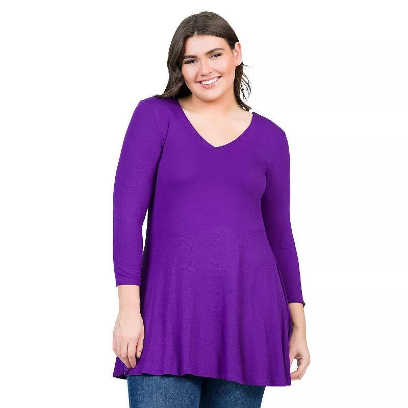 Plus Size 24Seven Comfort Apparel Quarter Sleeve V-Neck Tunic Top, Womens Green Product Image