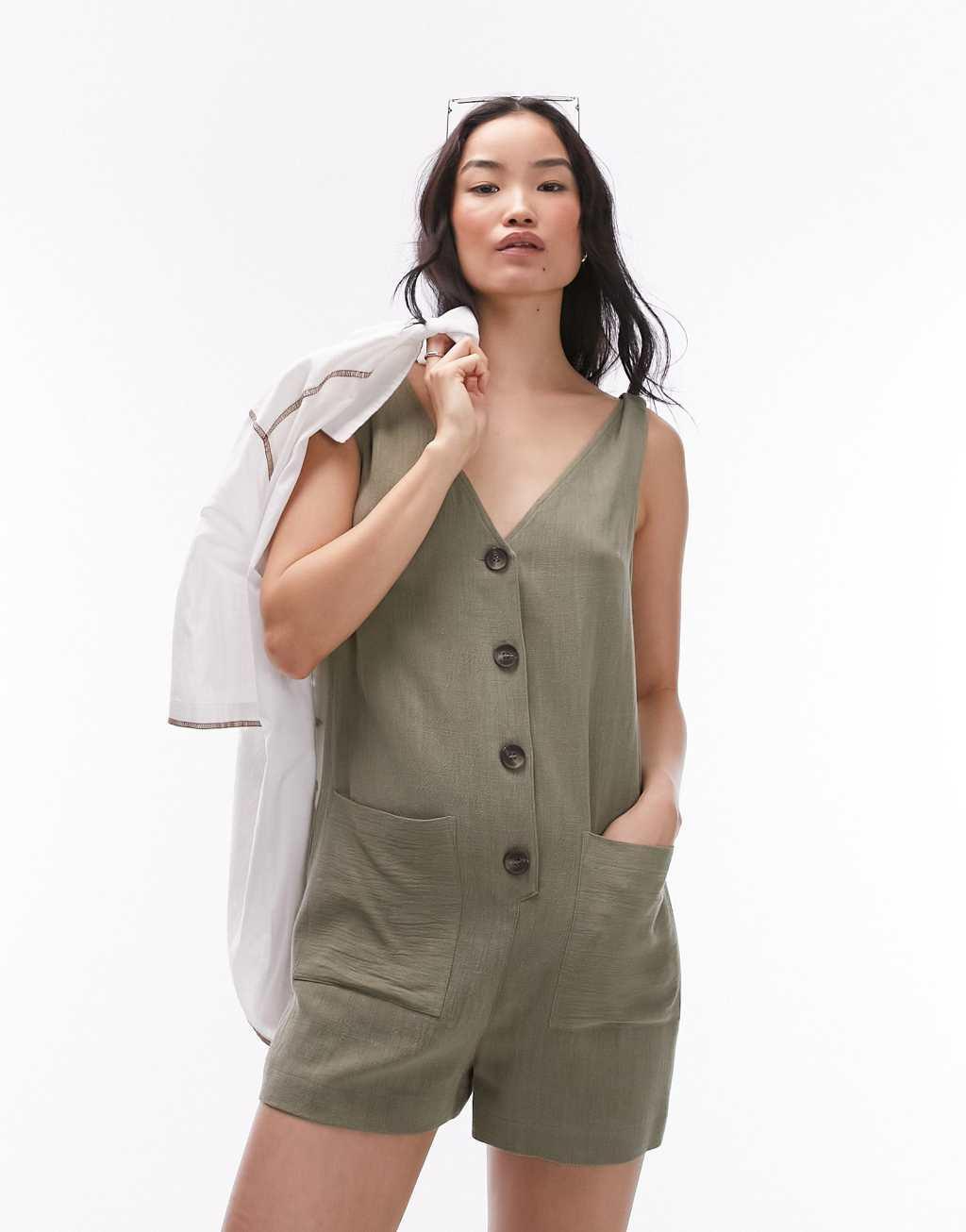 Topshop button down romper in khaki Product Image