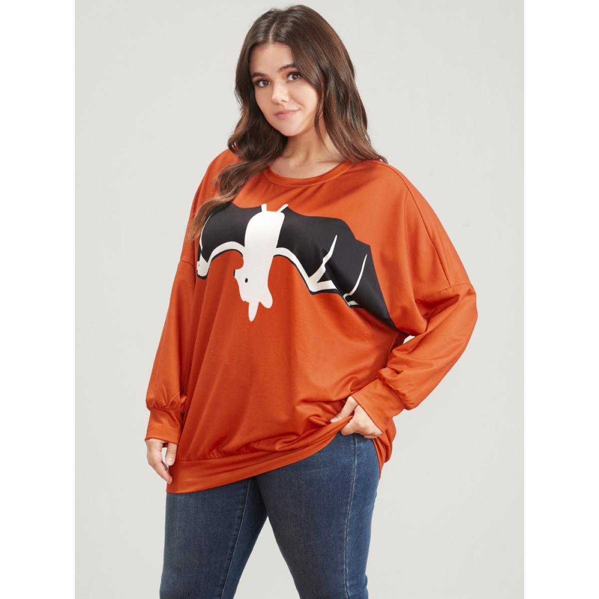 Plus Size Halloween Bat Print Round Neck Drop Shoulder Sweatshirt Women Orange Casual Printed Round Neck Festival-Halloween Sweatshirts BloomChic 14-16/1X Product Image
