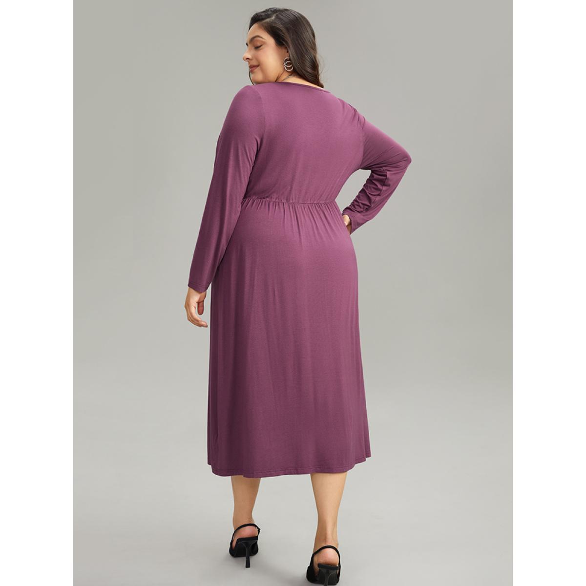 Plus Size Solid Twist Front Gathered Split Hem Dress Mauve Women Office Plain Asymmetrical Neck Long Sleeve Curvy Midi Dress BloomChic 18-20/2X Product Image