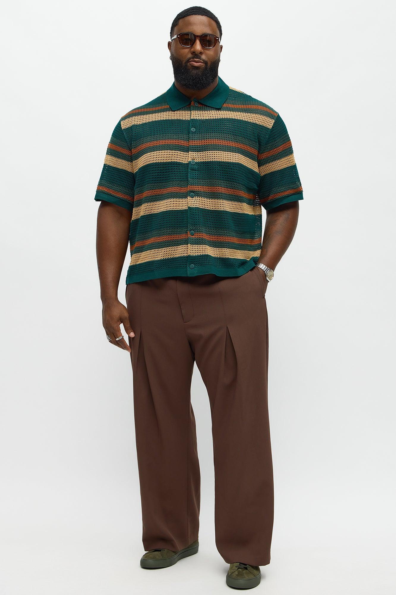 Regular Fit Striped Crochet Button Up Shirt - Teal Product Image