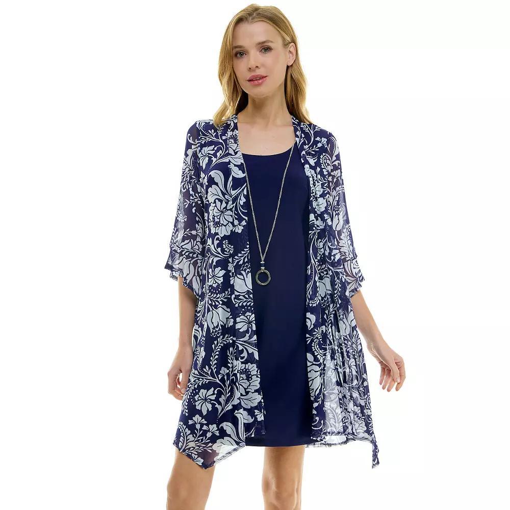 Women's Luxology 2-Piece 3/4 Bell Sleeve Cardigan & Dress Set, Size: Medium, Navy Ivory Product Image