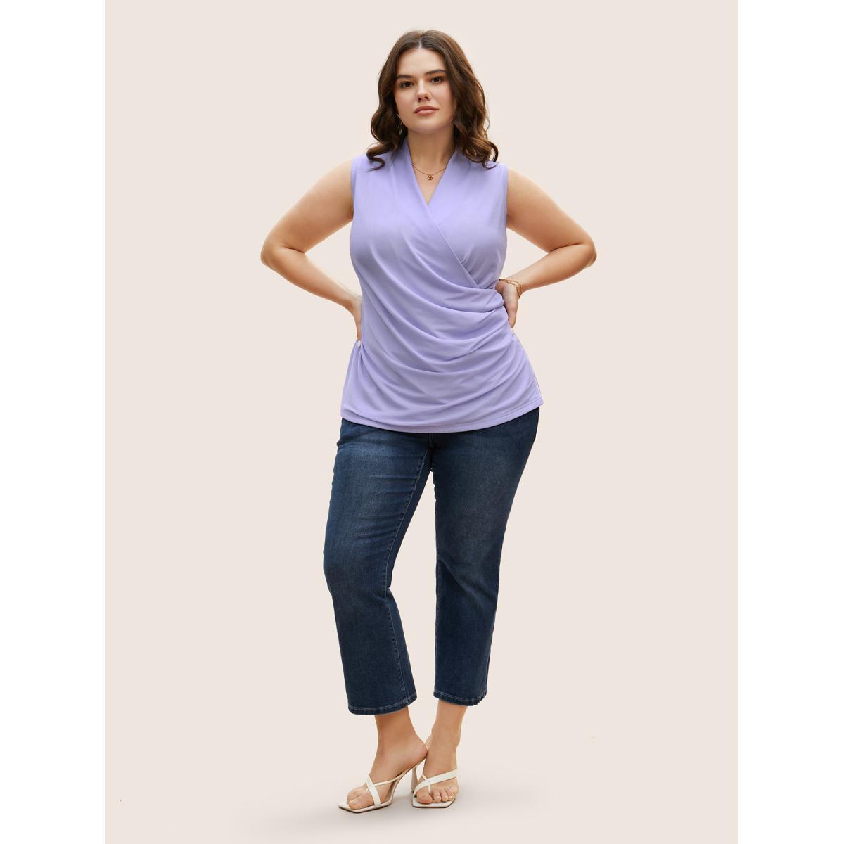 Plus Size Overlap Collar Solid Pleated Tank Top Women Lavender Elegant Pleated Overlap Collar Everyday Tank Tops Camis BloomChic 14-16/1X Product Image