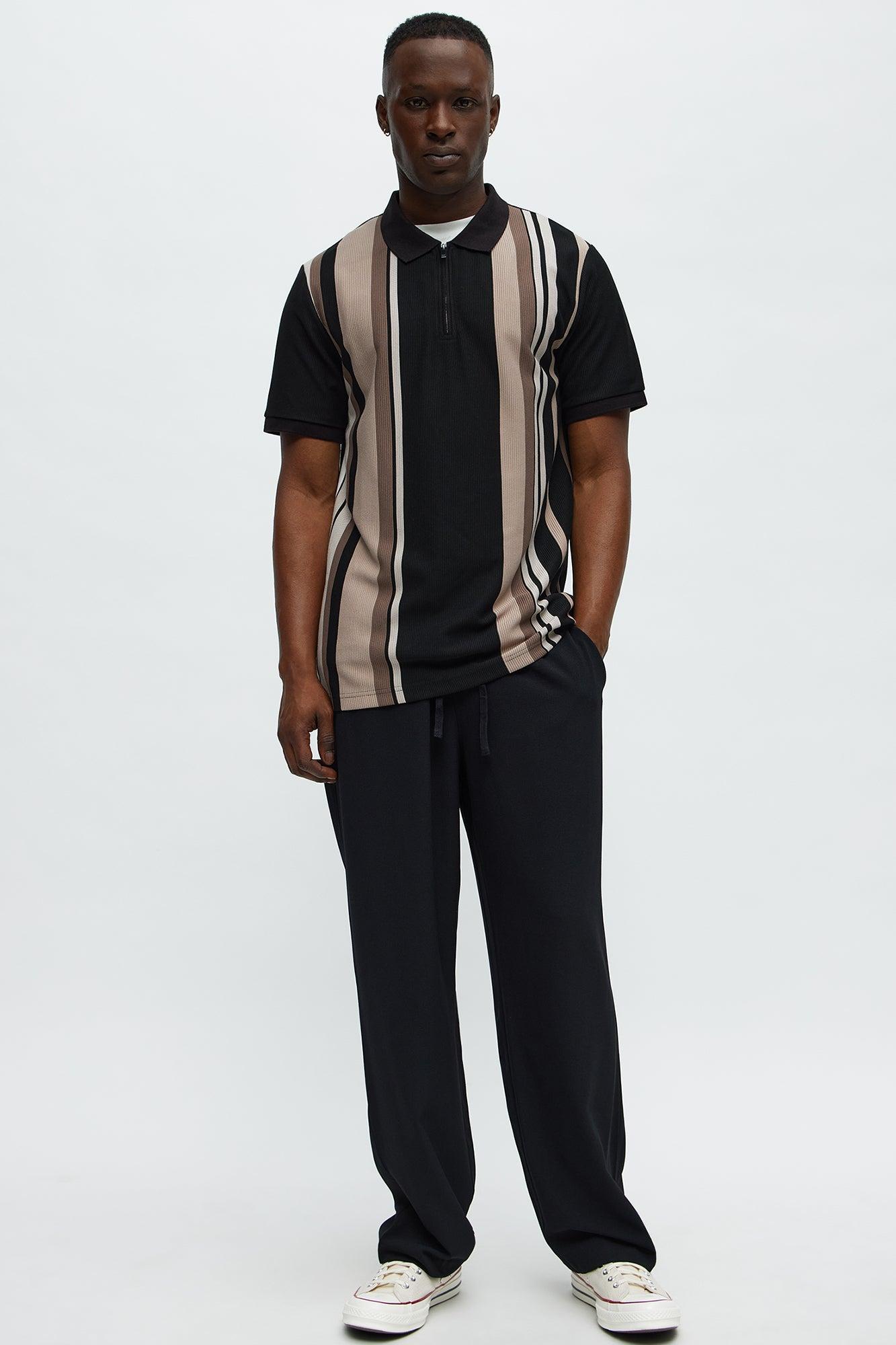 Textured Striped Quarter Zip Polo - Black Product Image